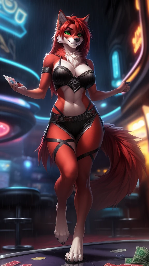 uploaded on e621, (by Wildering, by Koul, by fluff-kevlar, by aycee), solo, female wolf, wolf ears, neck tuft, hip tuft, leg tuft, wolf tail, ((black sclera, green eyes)), (sexy card dealer outfit), ((full-body portrait)), (masterpiece), (best quality), (anthro furry:1.3, snout:1.2, anthro:1.3, furry:1.2, solo female:1.2), (thick figure, curvy figure), (wide hips), (extremely thick thighs), (medium breasts, perky breasts), (sexy pose, suggestive pose), (((black spirals on body, red fur))) BREAK (((digitigrade feet, wild long red hair))), (casino at night background), depth of field, ambient light on the body), (intricate:0.7), (high detail:1.3), (unreal engine:1.3), (sharp focus:1.15), (masterpiece, best quality, 4k, 2k, shaded, absurd res), raining money