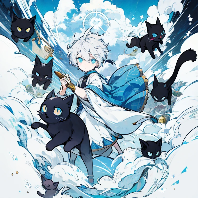 silver hair，dark blue eyes，Blue lens around the eye，Sky blue clothes，There is a pure black cat next to it，Boy holding a silver bell，blind