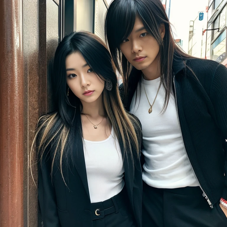 1 man, Japanese man, male, Asian eyes, muscular, broad shoulders, dragon tattoos, hairstyle Visual Kei style, hair Visual Kei, black men's shirt and black pants, ultra detailed face and eyes, hyperrealistic, realistic representation, long hair, long hair, 30 years old, age 30 years, blond, blonde hair, leaning against a wall in Tokyo Japan