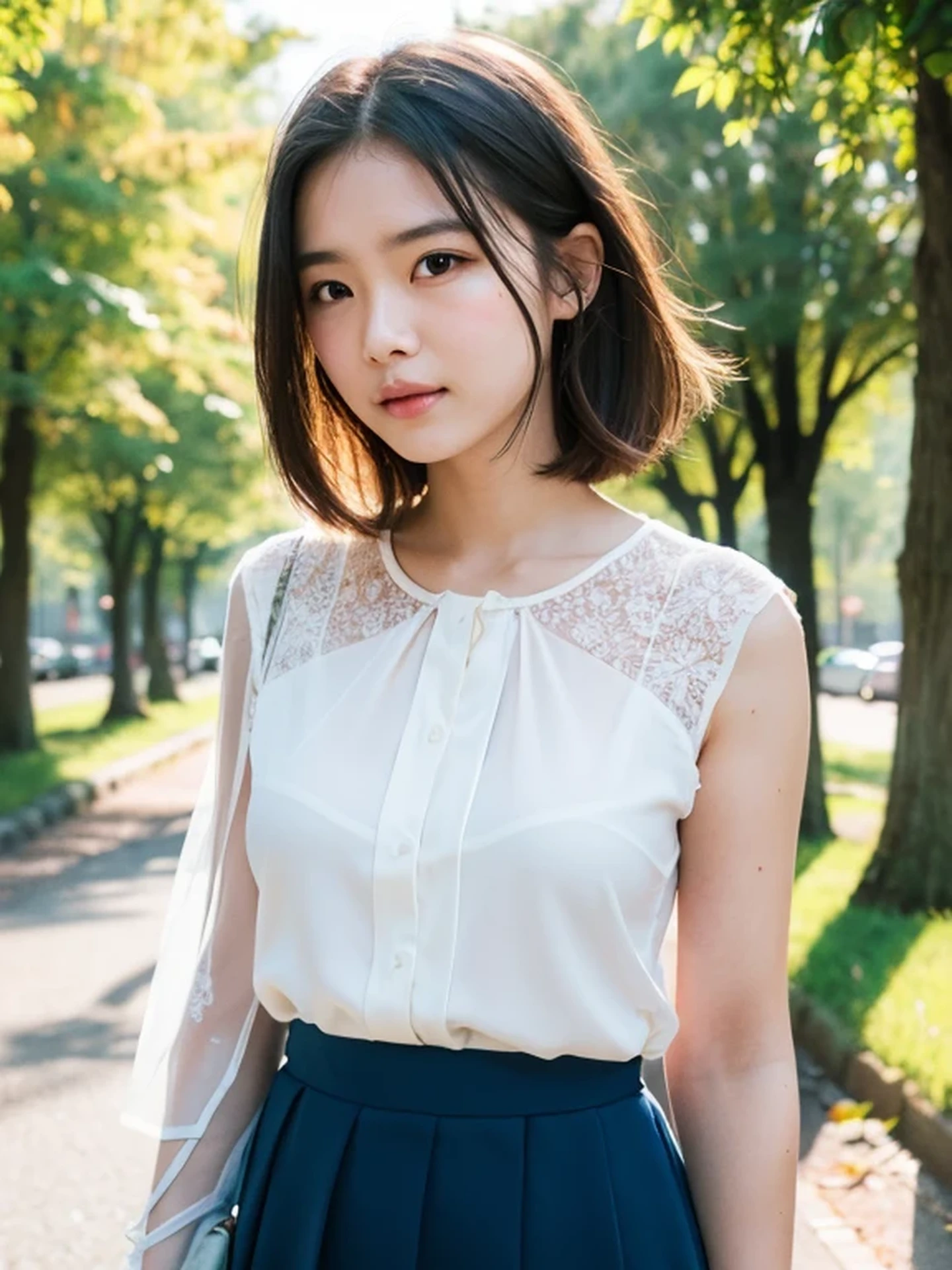 masterpiece, Best Quality, Raw photo, 8K, ultra-detailed face, 1girl, neat and clean, Beautiful detailed skin, backlight, soft light, bashful, (shoot from front:1.2), sad, open your mouth to say something, Luminescent, Anatomically correct, Medium hair, hair blown by the wind, Eyes and faces with detailed, Textured skin, Professional Photography, Bokeh, Portrait, Professional Lighting, Solo, Cute, Girly, Film grain, silk blouse, skirt, outside, forest shining in the morning sun,