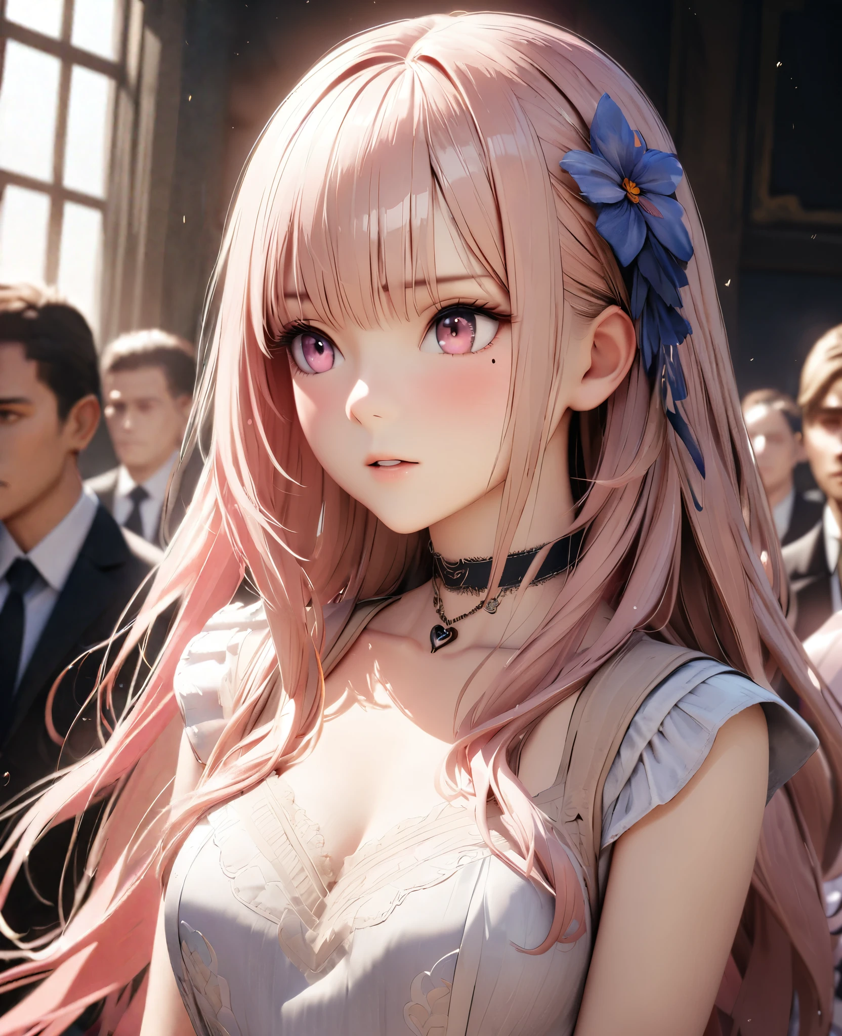 Masterpiece, Best Quality, Super Detailed, High Definition, Expensive Resolution, HDR, 4k, 8K, Unity 8k Wallpaper, Super Detailed CG, Masterpiece, Realistic, 2D, 3D, Beautiful Details, Depth, Fine Texture, Super Fine: 1.3, Complete concentration, crispy skin, him, very cute anime girl, high , expensive  semi-long hair, one girl, solo, Watch the audience,pink semi-long hair, high , mole under the eye, line of sight, expensive, blushing, parted closed lips, hair ornament, heart, pink eyes, choker