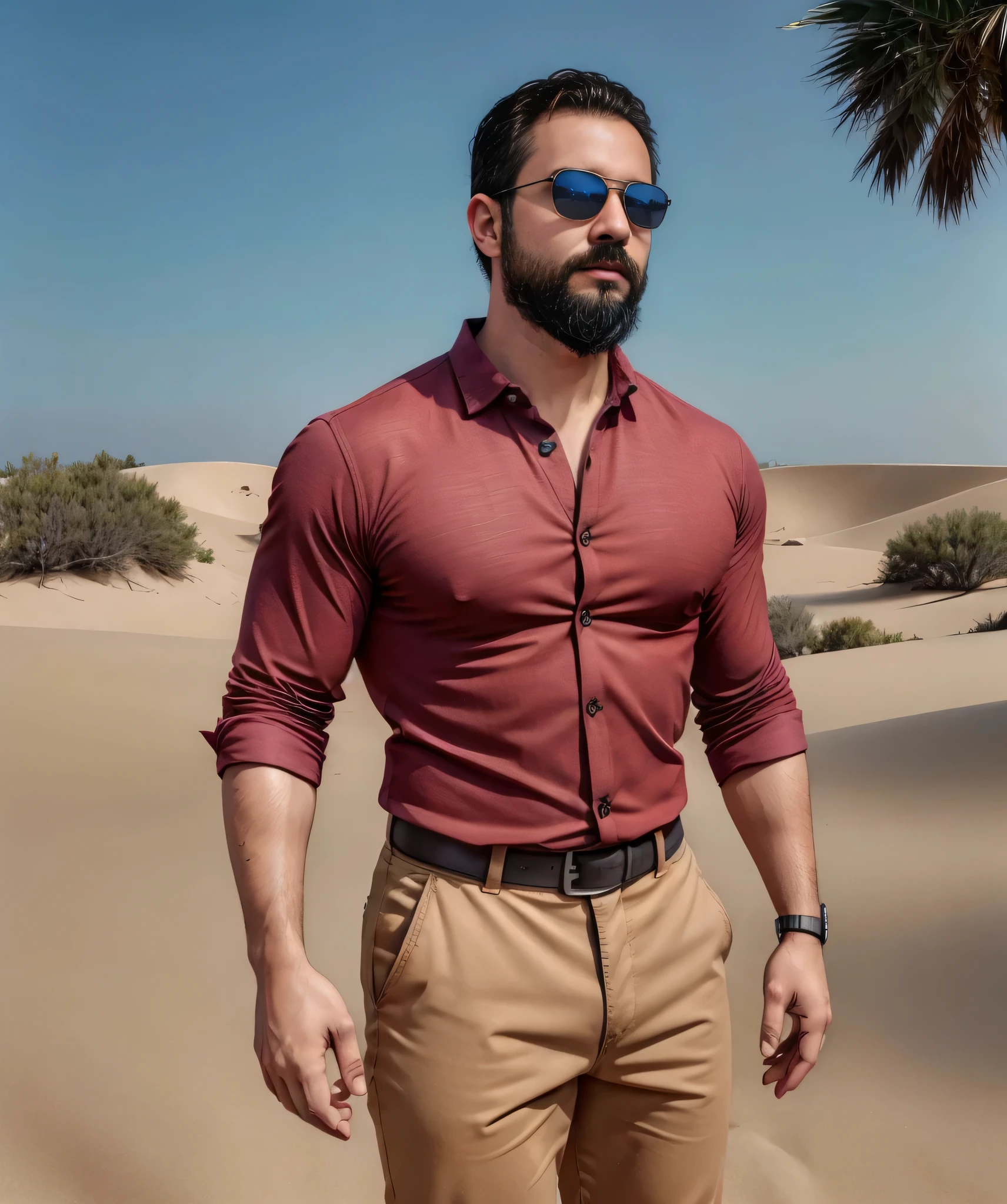 Obra maestra, desenfoque de campo, Parte superior del cuerpo, Hands in pants pockets, 38 year old man with beard and square sunglasses. Man wearing a shirt with a color gradient in an action movie with dunes in the background.