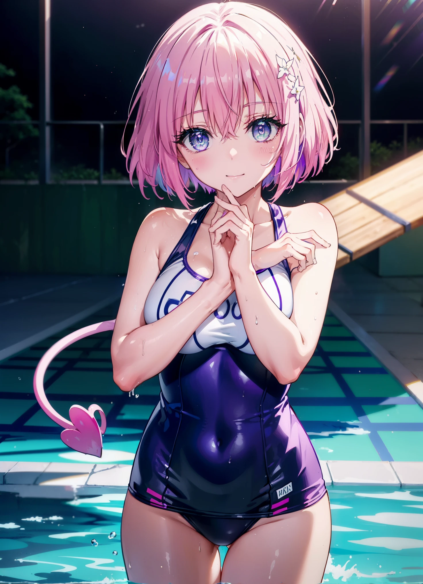 Momodeviluke, Deviluke type, demon tail, hair flower, hair ornaments, (purple eyes:1.1), pink hair, short hair, tail, smile,happy smile, smile, open your mouth,
break demon tail, green , white school swimsuit,wet hair,wet skin,barefoot,noon,Clear skies,
break ourdoors, School　pool,
break looking at viewer, (cowboy shot:1.5),
break (masterpiece:1.2), highest quality, High resolution, unity 8k wallpaper, (figure:0.8), (beautiful detailed eyes:1.6), extremely detailed face, perfect lighting, extremely detailed CG, (perfect hands, perfect anatomy),