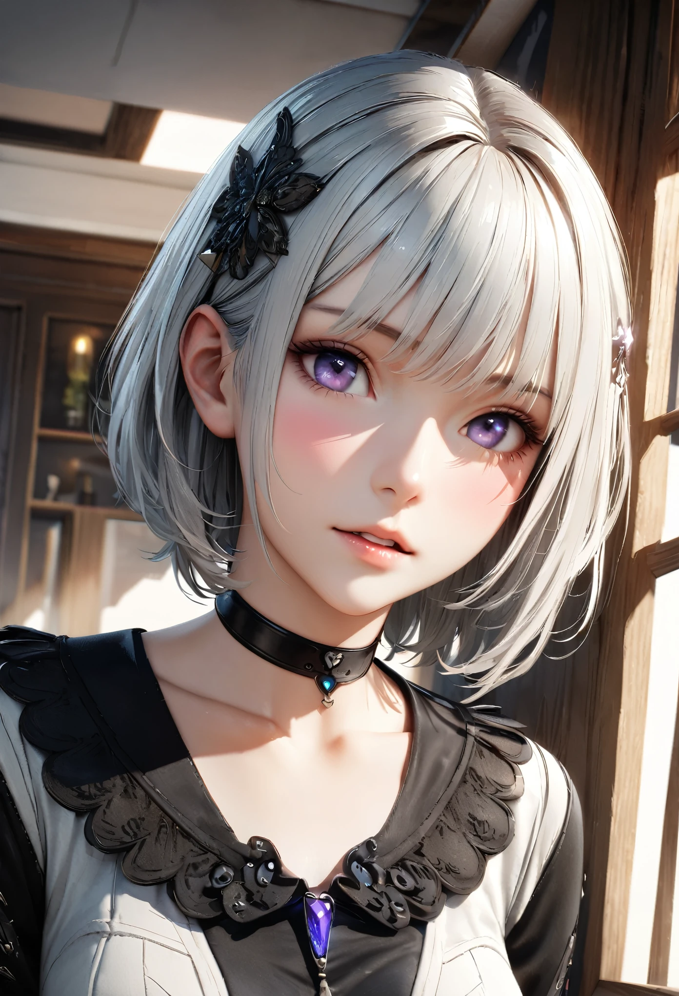 Masterpiece, Best Quality, Super Detailed, High Definition, Expensive Resolution, HDR, 4k, 8K, Unity 8k Wallpaper, Super Detailed CG, Masterpiece, Realistic, 2D, 3D, Beautiful Details, Depth, Fine Texture, Super Fine: 1.3, Complete concentration, crispy skin, him, very cute anime girl, high , expensive silver short hair, one girl, silver short hair, high , mole under the eye, gaze, expensive, blush,, parted Lips, hair ornament, heart, purple eyes, choker