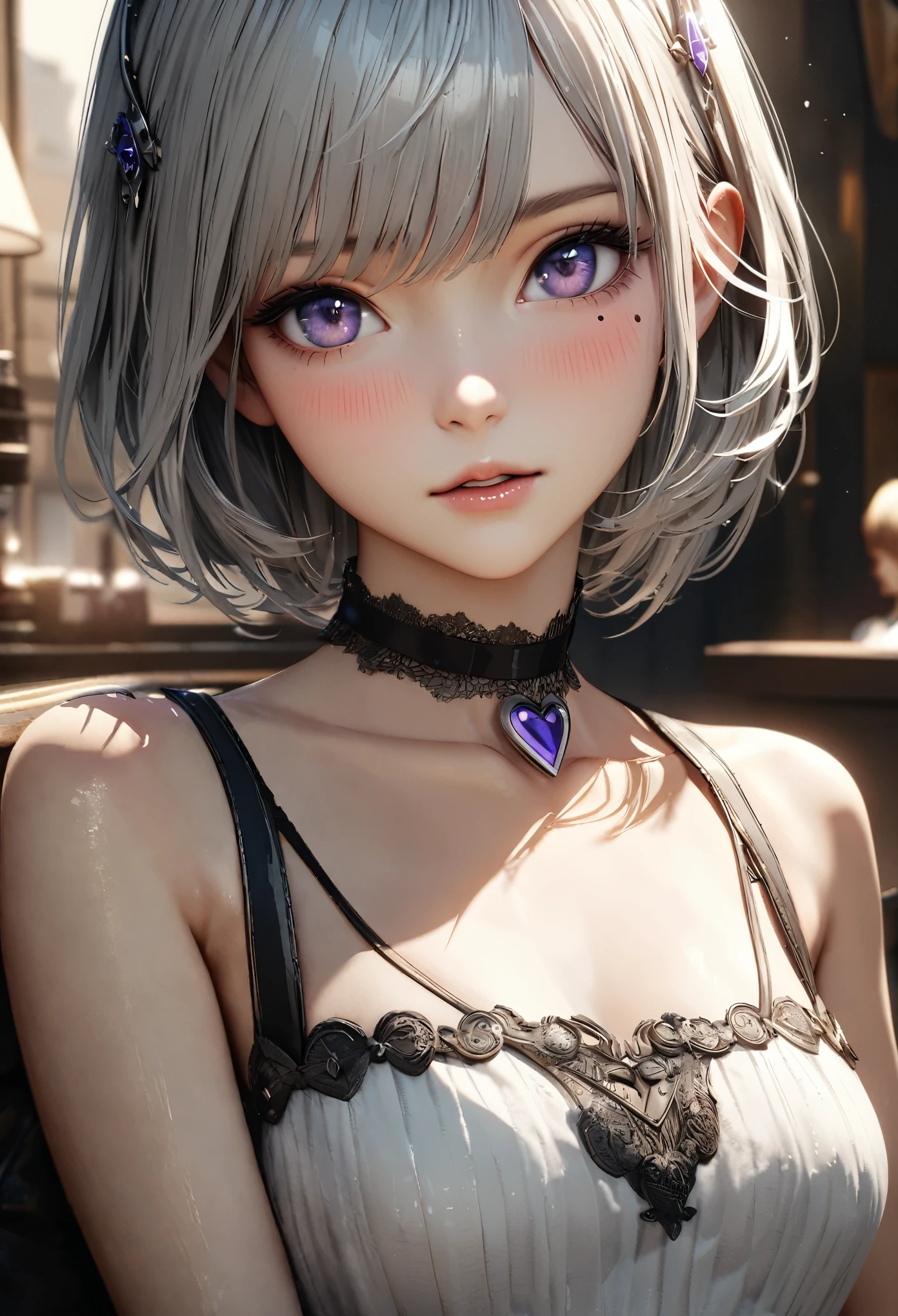 Masterpiece, Best Quality, Super Detailed, High Definition, Expensive Resolution, HDR, 4k, 8K, Unity 8k Wallpaper, Super Detailed CG, Masterpiece, Realistic, 2D, 3D, Beautiful Details, Depth, Fine Texture, Super Fine: 1.3, Full concentration, crispy skin, him, very cute anime girl, bikini, expensive silver short hair, one girl, palm tree, seaside, silver short hair, bikini, full body, mole under the eye, glance, expensive, blush, parted lips, hair ornament, heart, purple eyes, choker
