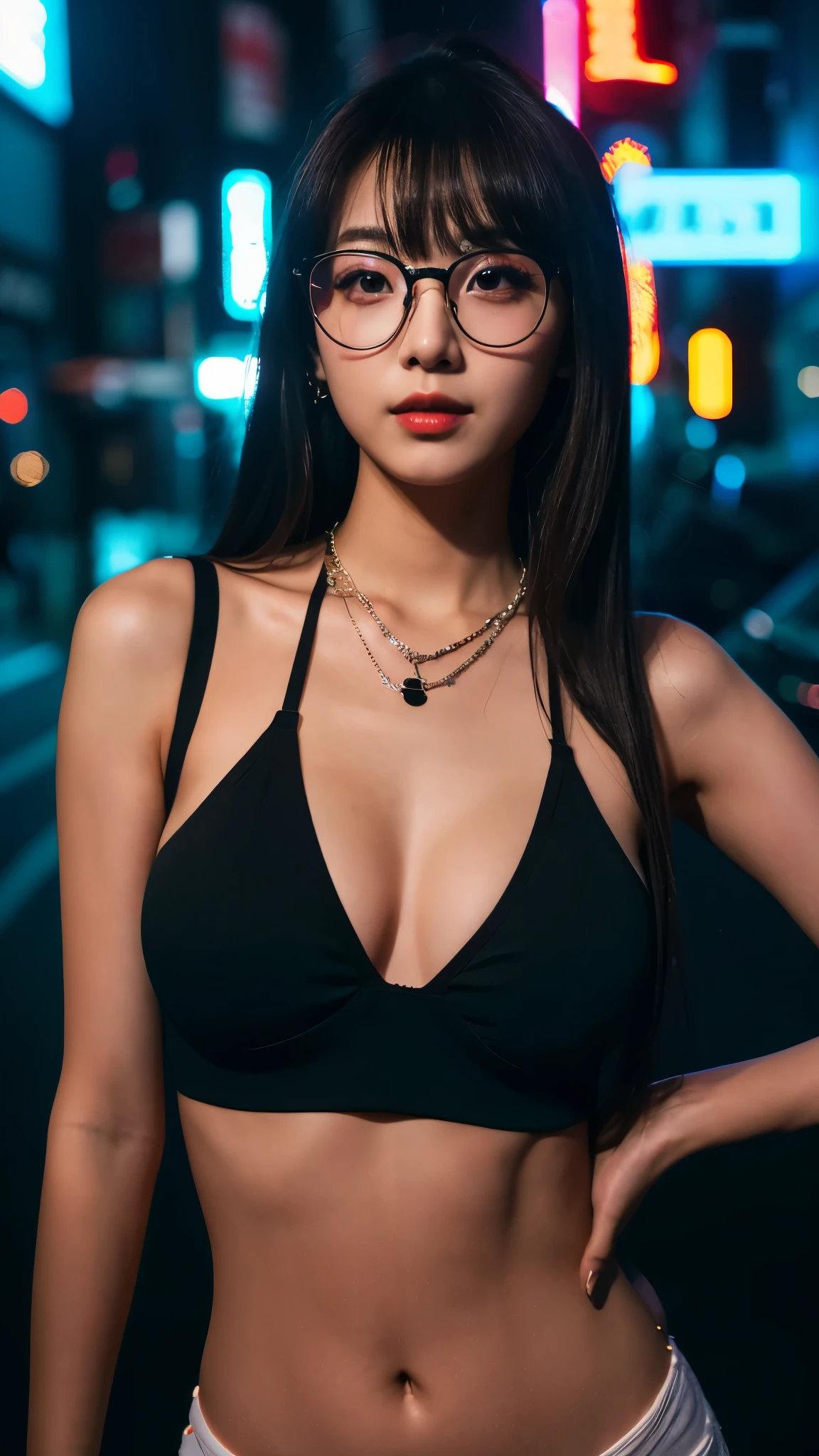 laos girl, random color hair, neon glasses, pastel-green-lace_bra, sport shorts, Net Stockings, portrait, night, sexy pose against futuristic town, hard lighting, neon light
