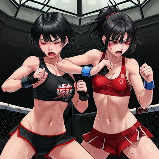 Two beautiful high school girls mixed martial artists covered in blood。fighting violently。Suffering from damage。Mouth open and dripping blood。With one eye closed, it seems painful。Fighting inside the Octagon。I'm soaked in sweat。open finger gloves。sports bra。bikini。erect nipples。black hair short cut。