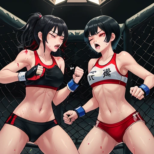 Two beautiful high school girls mixed martial artists covered in blood。fighting violently。Suffering from damage。Mouth open and dripping blood。With one eye closed, it seems painful。Fighting inside the Octagon。I&#39;m soaked in sweat。open finger gloves。sports bra。bikini。erect nipples。black hair short cut。