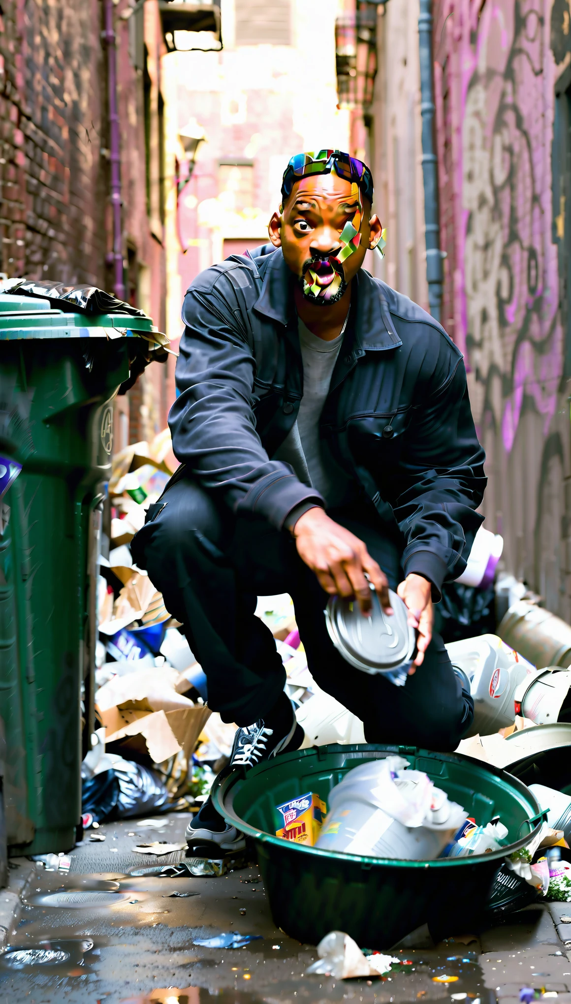 / image Will Smith (playing the role of a broke man) rummaging through trash cans in a rundown alleyway. -- ar 16:9