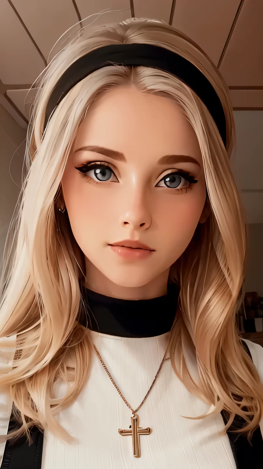 portrait, head shot, face focus, looking at viewer, eye contact, straight-on,
alistarodd, 1girl, blonde hair, long hair, makeup, parted lips,
white turtleneck sweater, black vest, cross necklace, headband,
indoors, warm lighting,
depth of field, blurred background, detailed eyes, warm volumetric lighting, masterpiece, best quality
