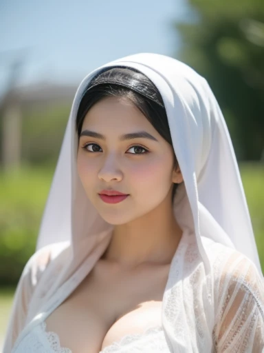 hyper realistic, intricate details, 1 malay young muslim girl, , (wearing pasmina hijab), white hijab jilbab, shy, mid shot, upper body, watery eyes ,droopy eyes, ((glowing breast)), medium rounded breast, (open breast), (breast out), naked, arms up, woman in sexy white kebaya , crown on head, makeup, grooming, eyelashes, nsfw, flower garden background, masterpiece, proportional body,