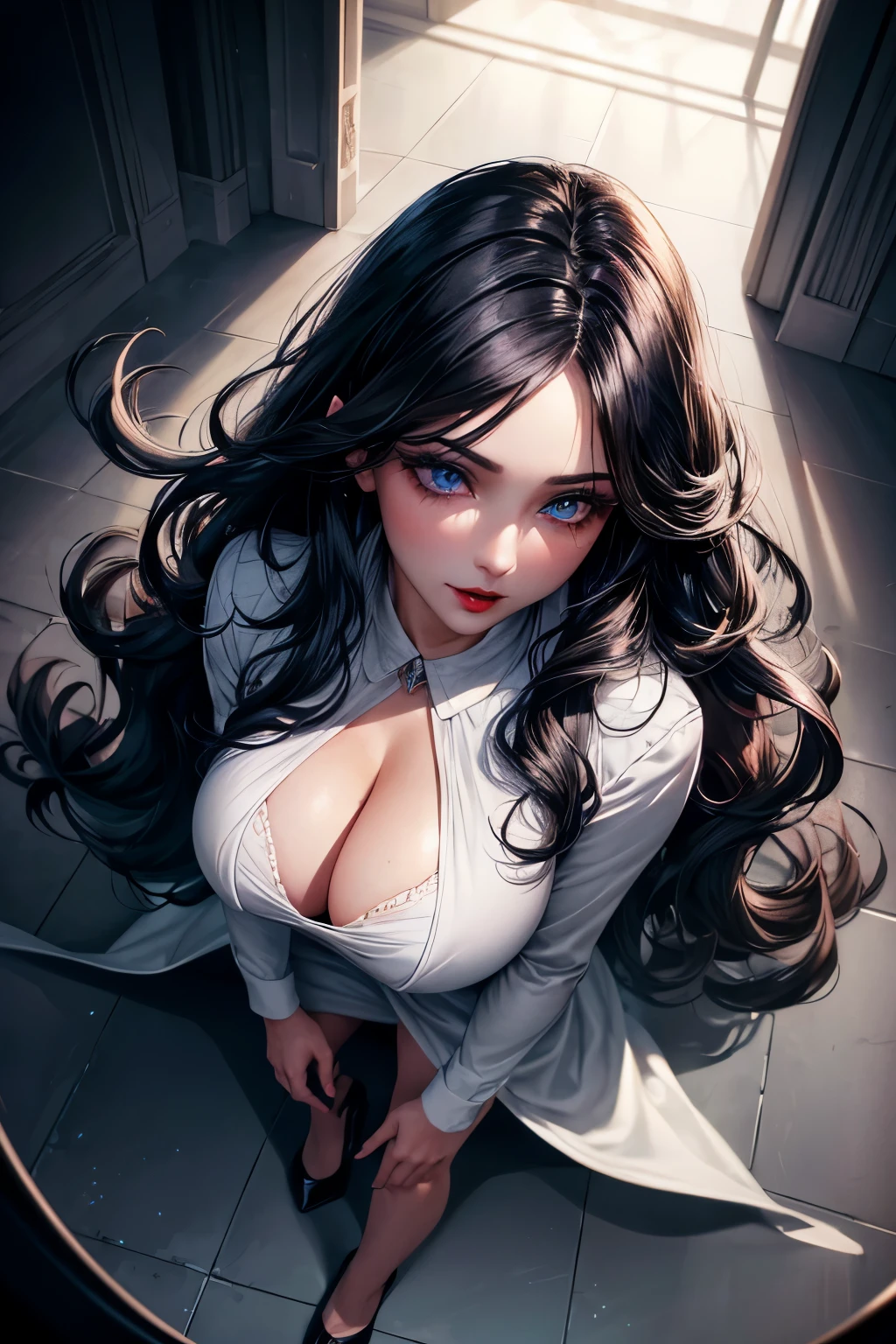 Woman, 30 years, hot, Dark suit, white silk blouse, black high heels, silver accessories, loose wavy hair, black hair, blue eyes, makeup, red lips, cinematic lighting, from above, caustics, masterpiece, textured skin, super detail, high quality