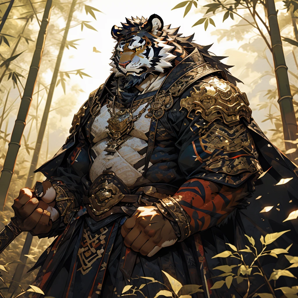 白色皮肤tiger),(黑白阴阳General战袍),Holding a long sword,坚Strong姿态,stand calmly,(The background is a dark deep forest covered with bamboo:1.2),abdominal muscles,heroic posture飒爽,完美的masterpiece,Various facial details,distance perspective,specific description,masterpiece,CG,(golden eyes),black and white pattern,Crimson tail,General,heroic posture,tiger,black and white fur,specific facial details,Half body,(黑白阴阳General战履),(Chang Ling),((middle aged)),(Face focus),(16K),HD,black and white belly，wilderness,beard,(Noodles),different students,(Black and white yin and yang shirt),(Black and white hair),Strong,muscle,(High resolution:1.3),(Standing deep in the deserted bamboo forest),(close up),(Detailed face:1.5),Perfect details,(Half body),(facial detail depiction:1.5),(Zoom in on face:1.5),(白色Noodles:1.2),(黑色beard:1.3),(white face;1.6),white body