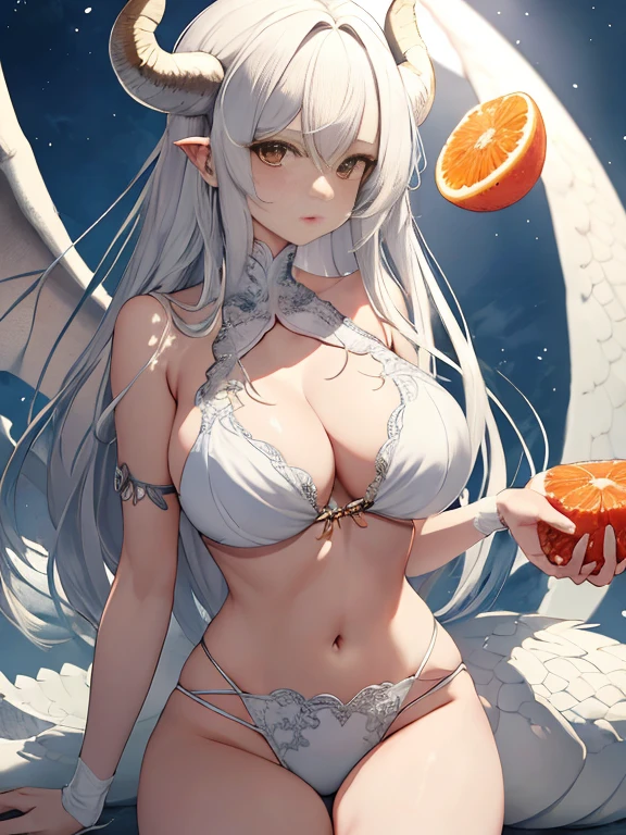 Close-up of a white-haired woman，She has a stunning face，White-haired God，huge ，epic beautiful characters，Amazing goddess，long legs，Grapefruit控，nipple，whole body，There are horns on the head，鳞片布满whole body，Wings on the back，Dragon Queen，dragon girl，no clothes，上半身no clothes，下半身no clothes，whole body都有鳞片，Grapefruit，Scales wrap the body，whole body，Grapefruit，whole body裸体，Grapefruit，whole body，exposed，exposed生殖器，exposed，exposed阴穴