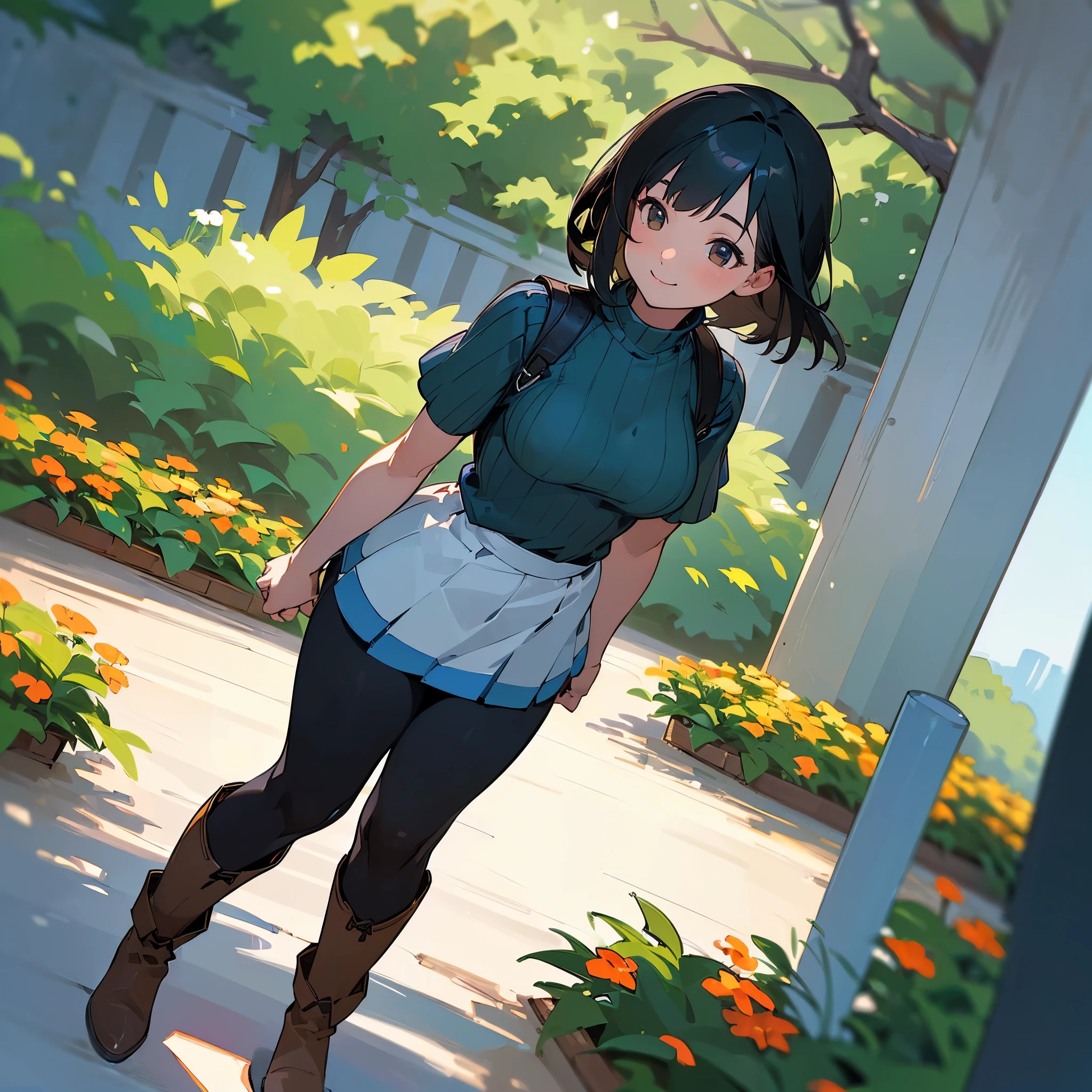 (high quality, High resolution, Super detailed, reality:1.37), peaceful atmosphere, (outdoor, garden), girl standing alone, (my breasts are big.), Beautiful detail features, cute smile, (black bob hair), Short sleeve ribbed sweater, blue skirt, black tights, brown boots.