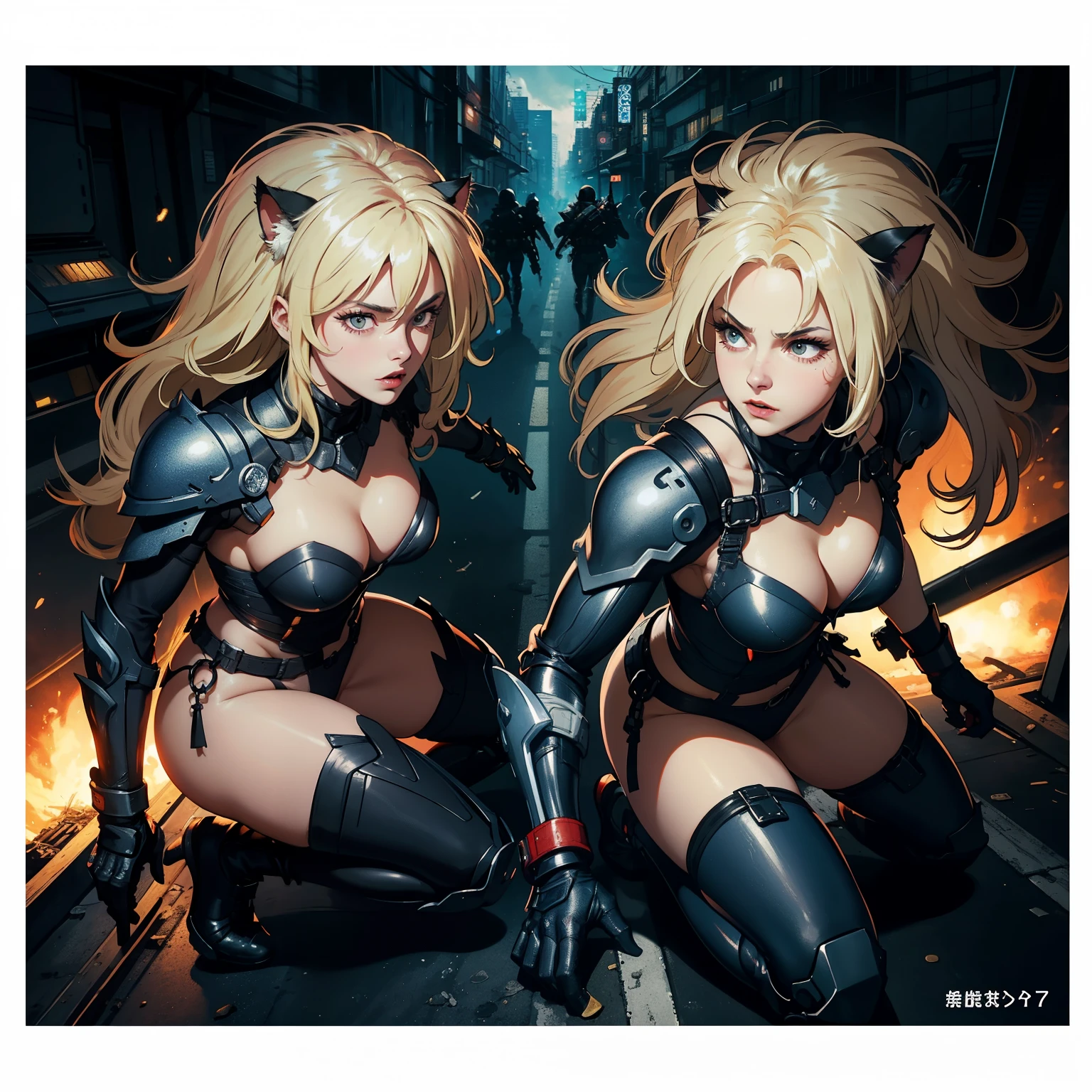 ((highest quality)), ((masterpiece)), (be familiar with), (High definition), 8K, perfect face、2 women、Two blonde women with cat ears、((are fighting))、tall、2 Blonde cat ears、2. Long Hair、2. Volumetric hair style、big breasts、constricted waist、big ass、glamorous、Glamorous、protector、Armor、combat suit、combat boots、armed、Equipped with large firearms、In front of the tank、cinematic、best shadow、side lighting、NEO TOKYO、explosion、(close up of face)