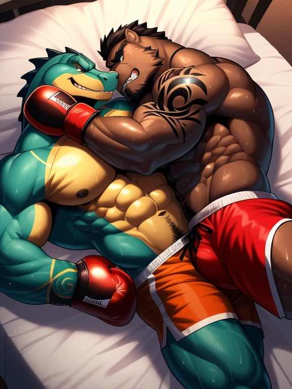 Duo big male fighters(Gator vs another Gator, handsomes, Thick eyebrows), beso gay((Cuddling lying down embraced in a bed match, back perspective)(cuddling body frottage)), hot(Full body, shirtless), handsomes(They are handsomes, correct anatomy), musculosos(Big muscle bodies, Six packs, muscle abs, big pecs, muscle legs, muscle backs), sweaty(very sweaty wet bodies), tatuajes(they have tattoos), Angry(They have an angry expression), Boxing gloves(They both are wearing boxing gloves), boxers(They are wearing shorts boxers), Hight resolution
