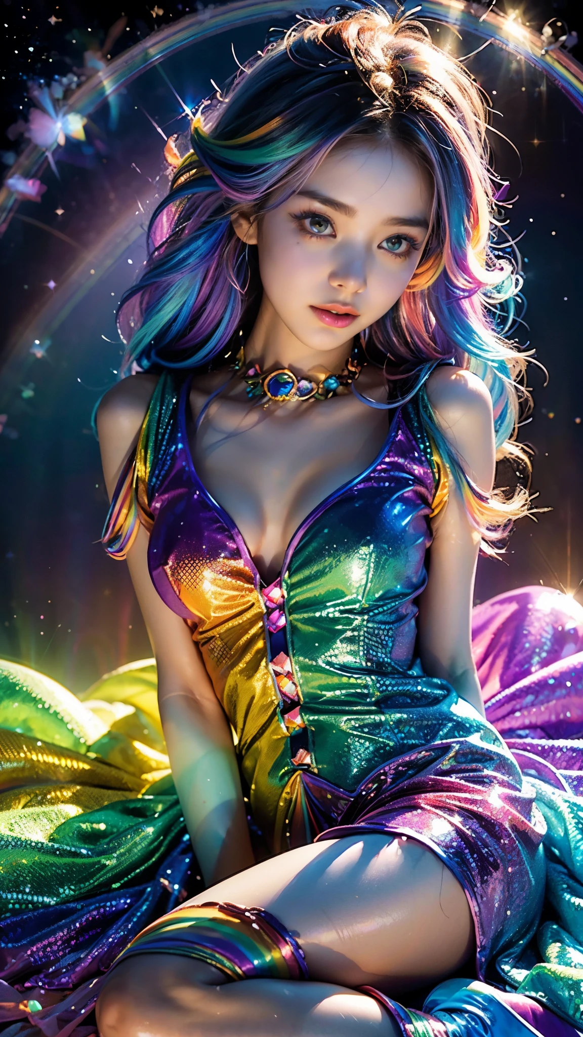 4K Ultra HD, Masterpiece, A girl with a magical aura, (good face:1.4), very Long hair, Detailed eyes, Glossy lips, Lolita costume, (rainbow costume:1.5), The aura around the body, Magical effect, Spread white light, Cosmic elements and ethereal atmosphere, A mix of bright lights and colorful nebulae, universe background, (Perfect body:1.5), sitting,