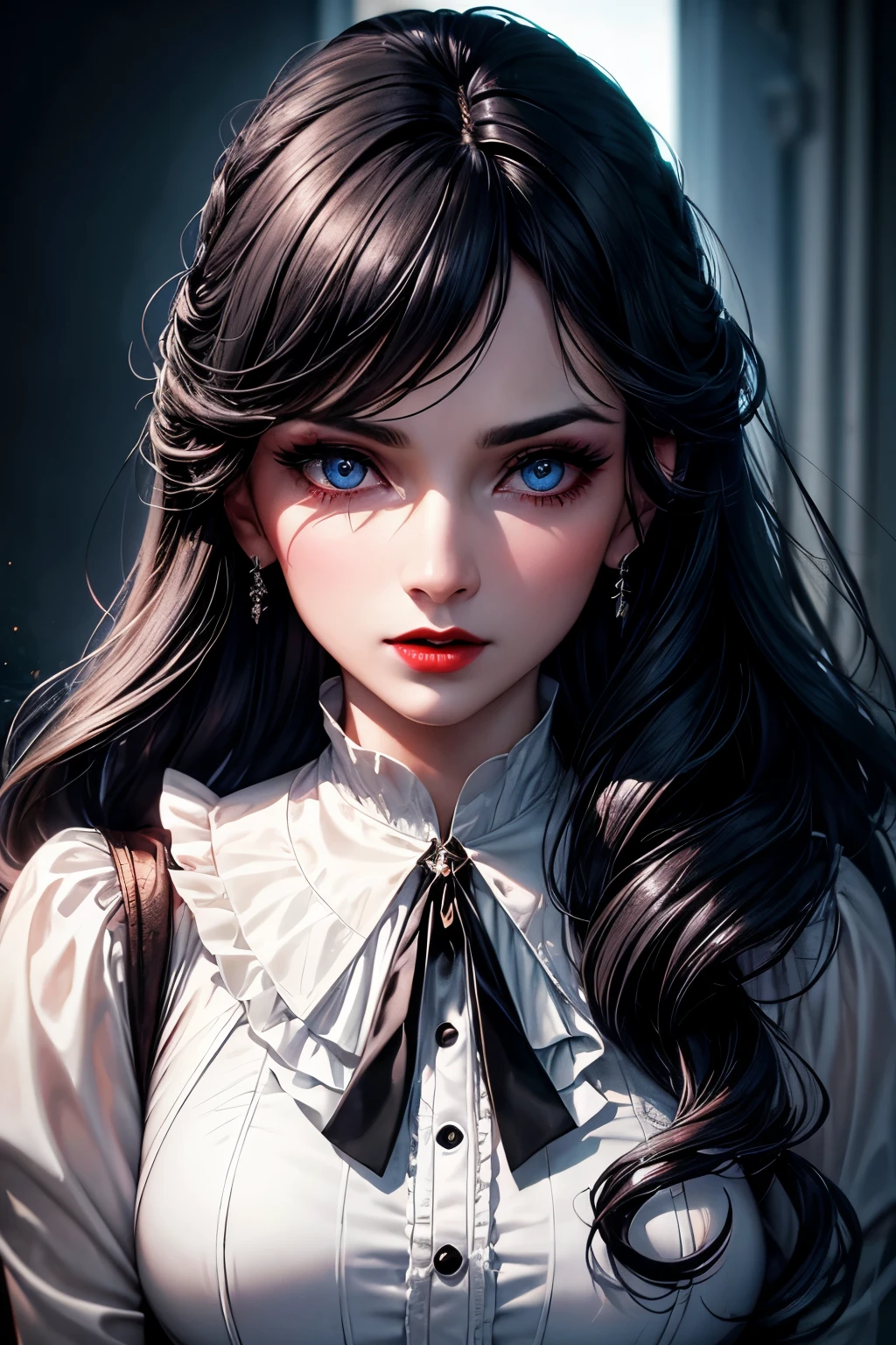 Woman, 30 years, hot, Dark suit, white silk blouse, black high heels, silver accessories, loose wavy hair, black hair, blue eyes, makeup, red lips, cinematic lighting, close-up, caustics, masterpiece, textured skin, super detail, high quality