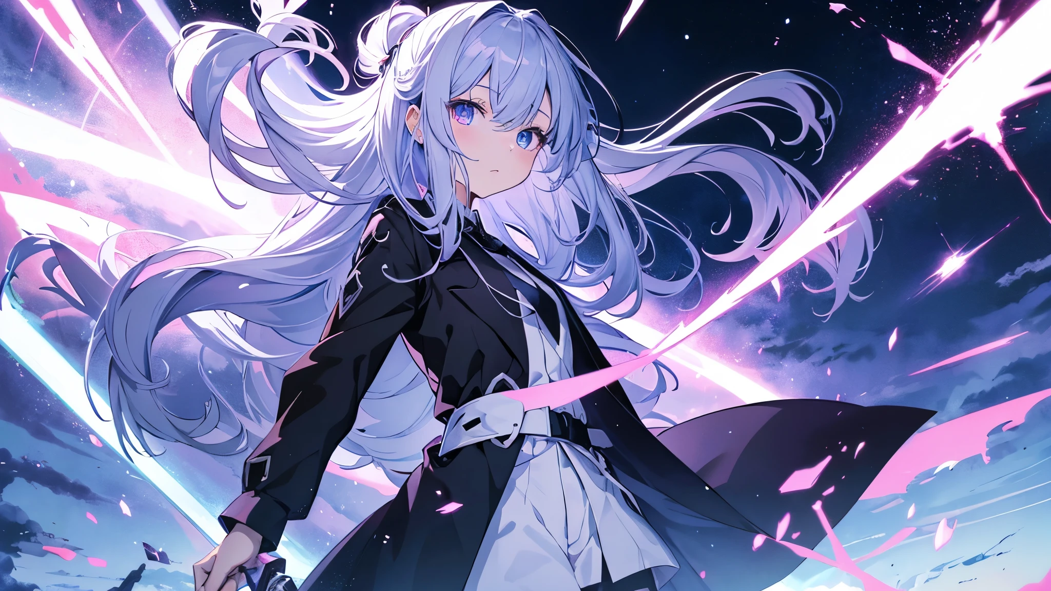 暗い部屋にいる長い白髪と青と紫のオッドアイをしたanime girl, anime style 4k, Best Anime 4K Kona-chan Wallpaper, terrible anime 8k, Anime Art Wallpaper 4K, anime art wallpaper 4k, 4k anime wallpaper, Nightcore, anime girl, Blue and purple heterochromatic eyes with glowing eyes,,white dress shirt,black long coat,black long pants,black tie,wizard,Magic Sword User,Cool girl