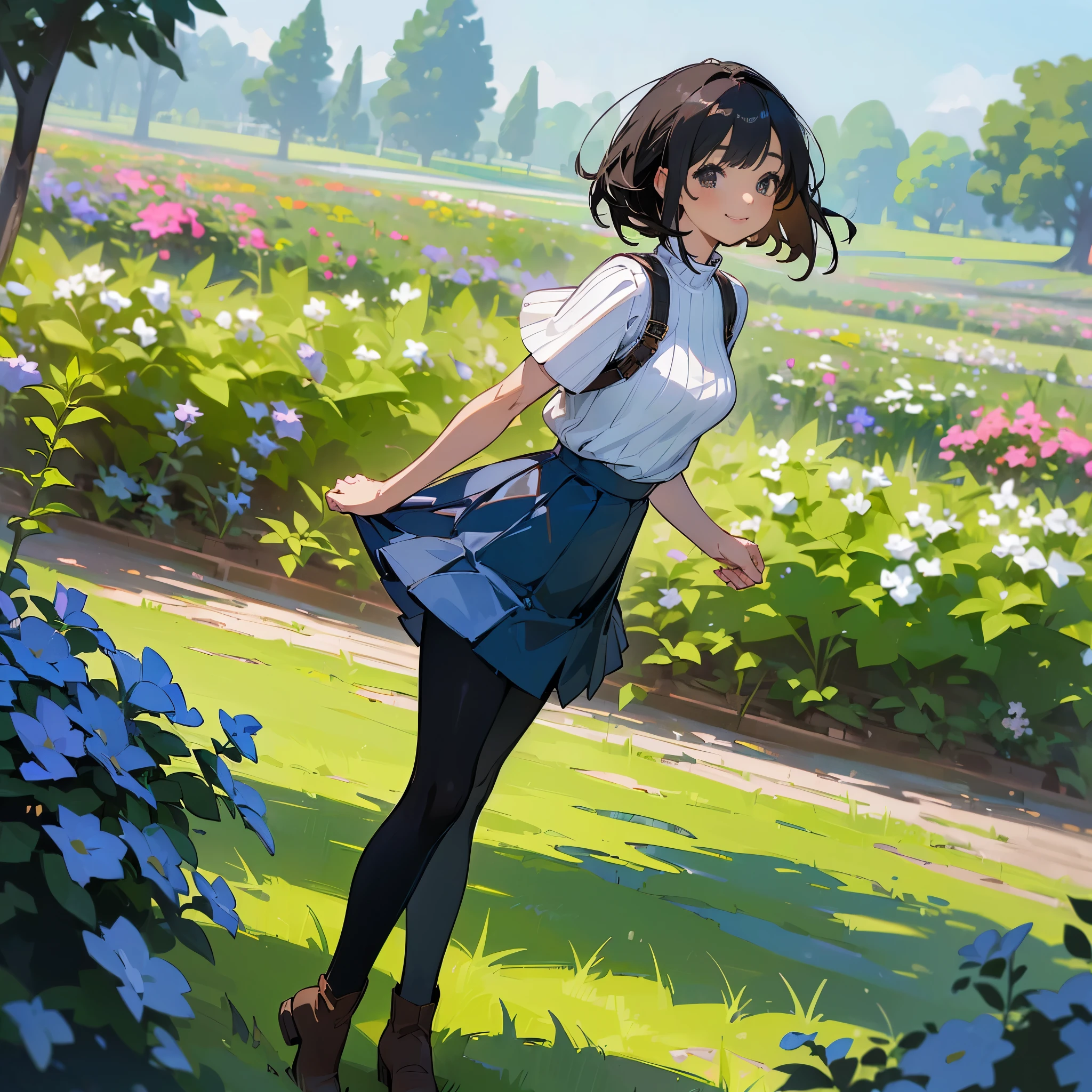 (high quality, High resolution, Super detailed, reality:1.37), peaceful atmosphere, (outdoor, garden), age girl standing alone, (my breasts are big.), Beautiful detail features, cute smile, (black bob hair), Short sleeve ribbed sweater, blue skirt, black tights, brown boots.