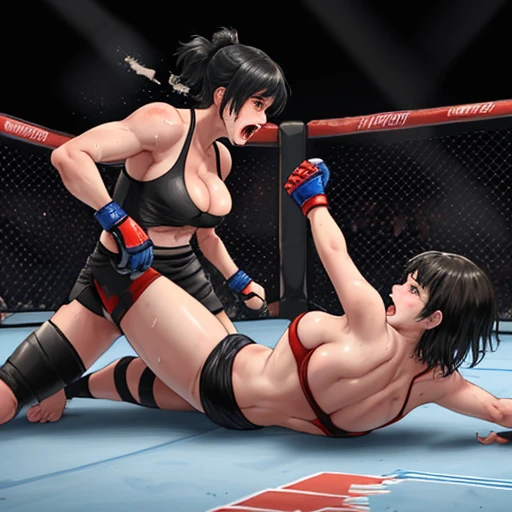 He is throwing punches at his opponent who is down and lying on the ground.。A fierce, bloody fight between two beautiful heavyweight female MMA fighters。Exchanging blows inside the Octagon。Rivals。black hair short cut。I'm exhausted。painful expression。sweaty。Full of scars。Shortness of breath with open mouth。muscular。six pack abs。Thick arms and thighs。super big breasts。open finger gloves。naked。erect nipples。