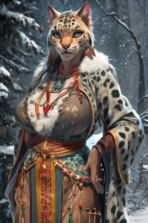 Sexy character portraits, adult, (Female:1.4), (anthro:1.2), Khajiit, Snow Leopard Coloring Pages, Tassels on ears, Female,Tattered loincloth((plump breasts,big breasts,Sexy cleavage,lightly dressed,National costume)), thin, there&#39;s nothing there, photorealism, soft shading, Doing a presentation , (A detailed eye:1.1), beautiful eyes, (masterpiece:1.2), Detailed Face,  excellent anatomy, Detailed fur, 1tail, tail, cinematic lighting, ultradetailed, professional photography, HDR, ........3D, lively, cinematic, realistic, hyper detailed, max detail, Surround Light, author: subtraction , By Ross Tran, Michael & Inesa Garmash, Pino Daeni, by Ruan Jia, solo, (realistic scale, scale, realistic texture scale:1), Detailed background, realistic, 超realistic, Are standing, exterior, Winter forest, snowfall