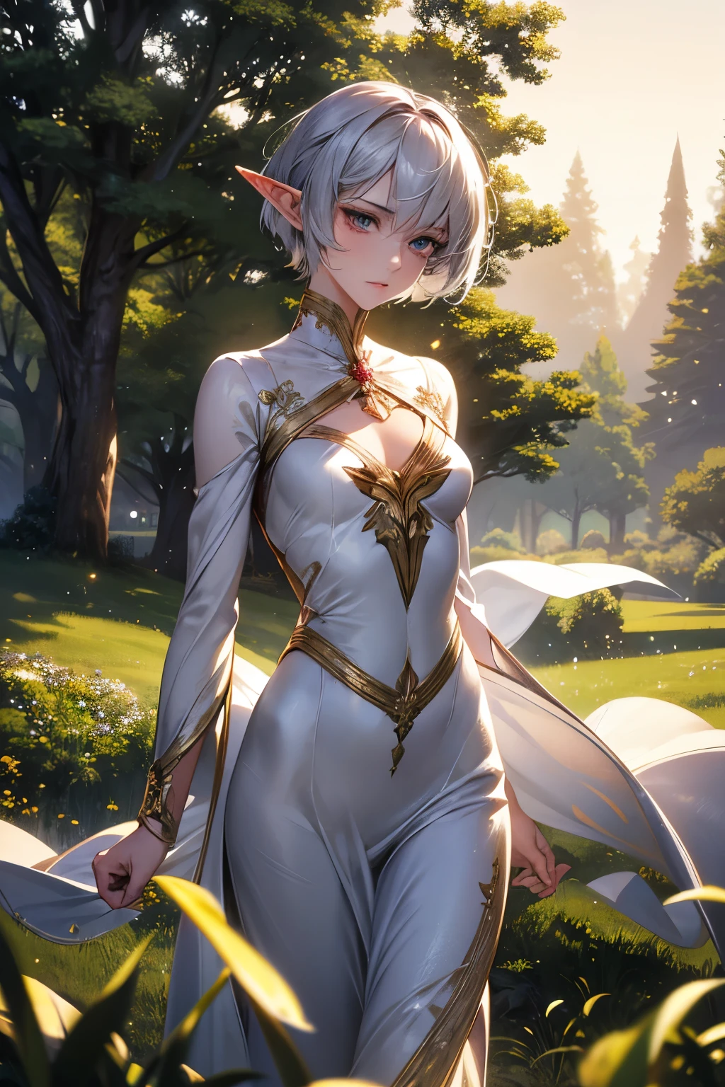 best quality, super fine, 16k, RAW photo, photorealistic, incredibly absurdres, extremely detailed, delicate, flashy and dynamic depiction, cute yet dignified beautiful elf, shy, short silver pixie cut hair, wind, wind-effect, red round eyes, slender proportion, leaning against a large tree in the lush grassland, background hazy, mysterious and fantastical, countless sparkling gold dust, motion-blur, action-lines