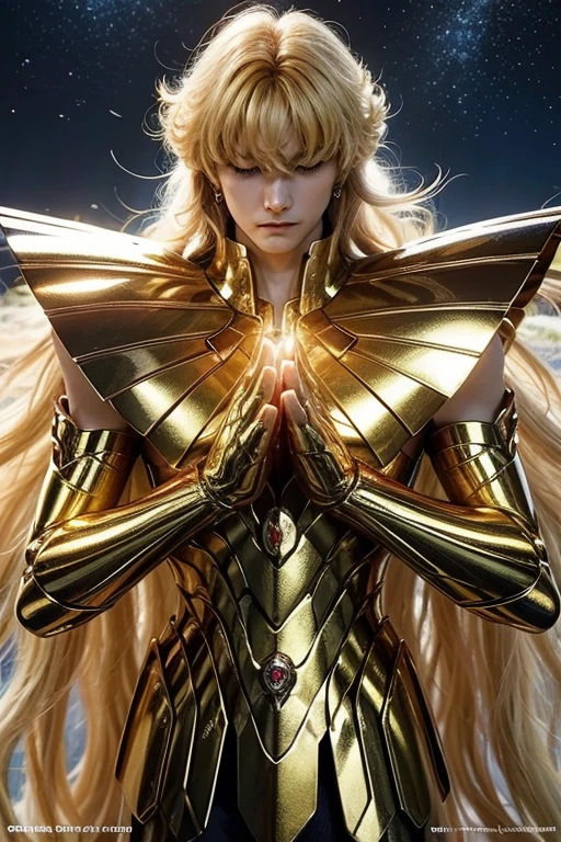 Incredibly detailed and ultra-realistic cinematic of Saint Seiya's Virgo Shaka.. de cerca. He is fighting with quite realistic golden armor. Armadura dorada brillante. Armadura dorada detallada. Octane is the perfect tool for capturing the softest details of this 16k photography masterpiece... Es un apuesto Caucasian man de unos 40 años.. 1 chico. hermoso rostro. Caucasian man. cara detallada. Hermosa nariz. (bonitos ojos azules). Ojos perfectos. afeitado. cara de diamante. Tiene el pelo largo, liso y de color amarillo y bandas.. ((afeitado)). He is looking at his enemy.. Varias estrellas en el fondo nocturno, 4k, alta calidad