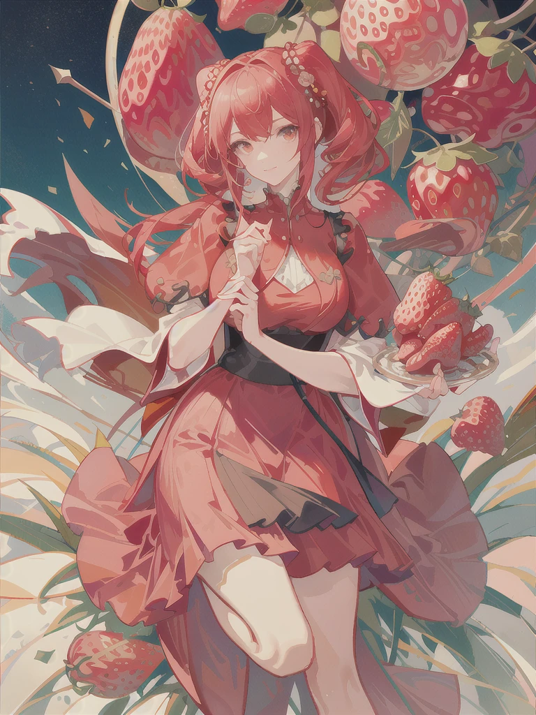 there is a woman in a red dress holding two large strawberries,  japanese pop surrealism,japanese popsurrealism, holding a giant strawberry,HD,4k,masterpiece,best quality,look at viewer