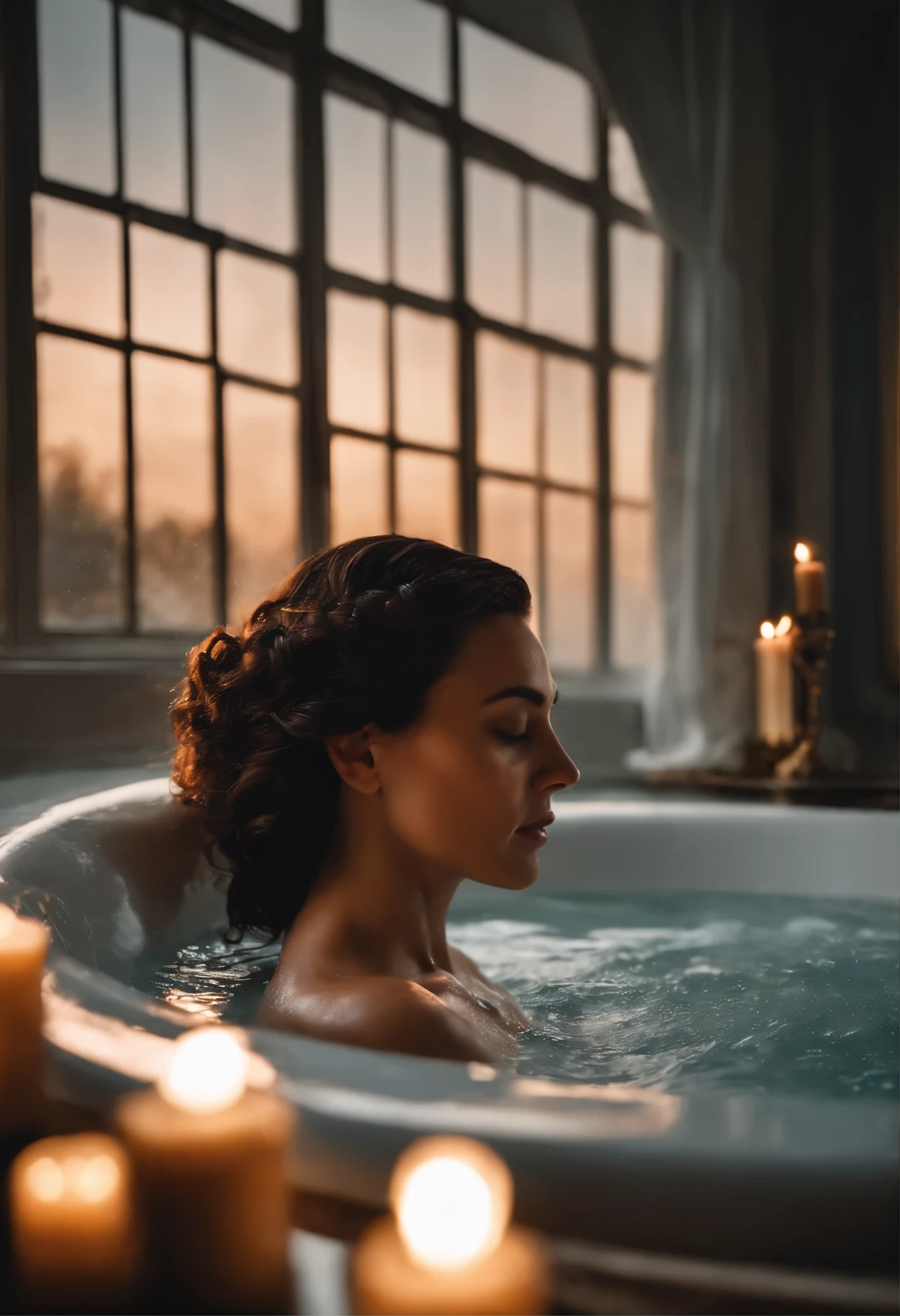 Laurence Bedard is laying in a luxurious, steamy bath, her hair elegantly styled in a bangs hair style