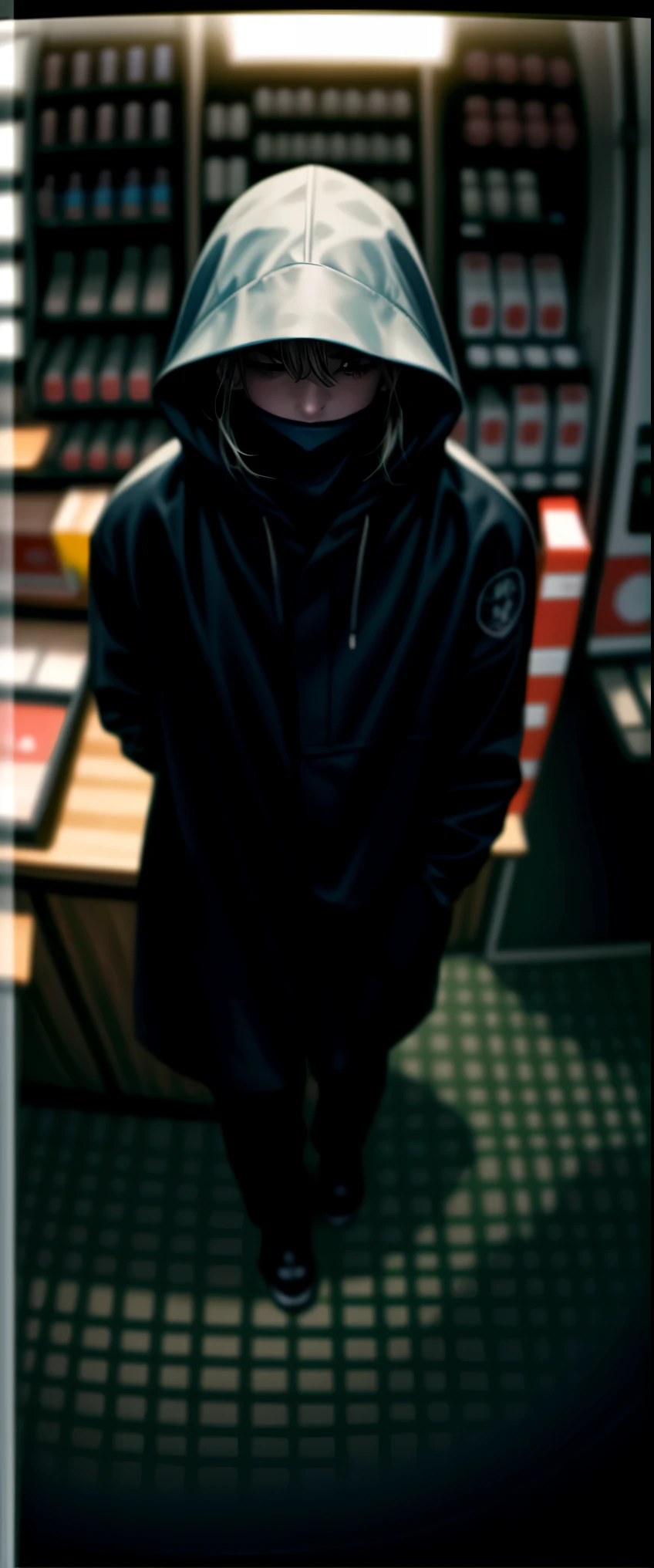 ((masterpiece, highest quality, Highest image quality, High resolution, photorealistic, Raw photo, 8K)), ((Extremely detailed CG unified 8k wallpaper)), Late night convenience store, two people, a female clerk and a robber, Man in black hoodie, robbery, man asks for money, convenience store, surprise, theft, still from live action film, robber and clerk across counter, scene from live action film, meme, security camera footage, view from above,