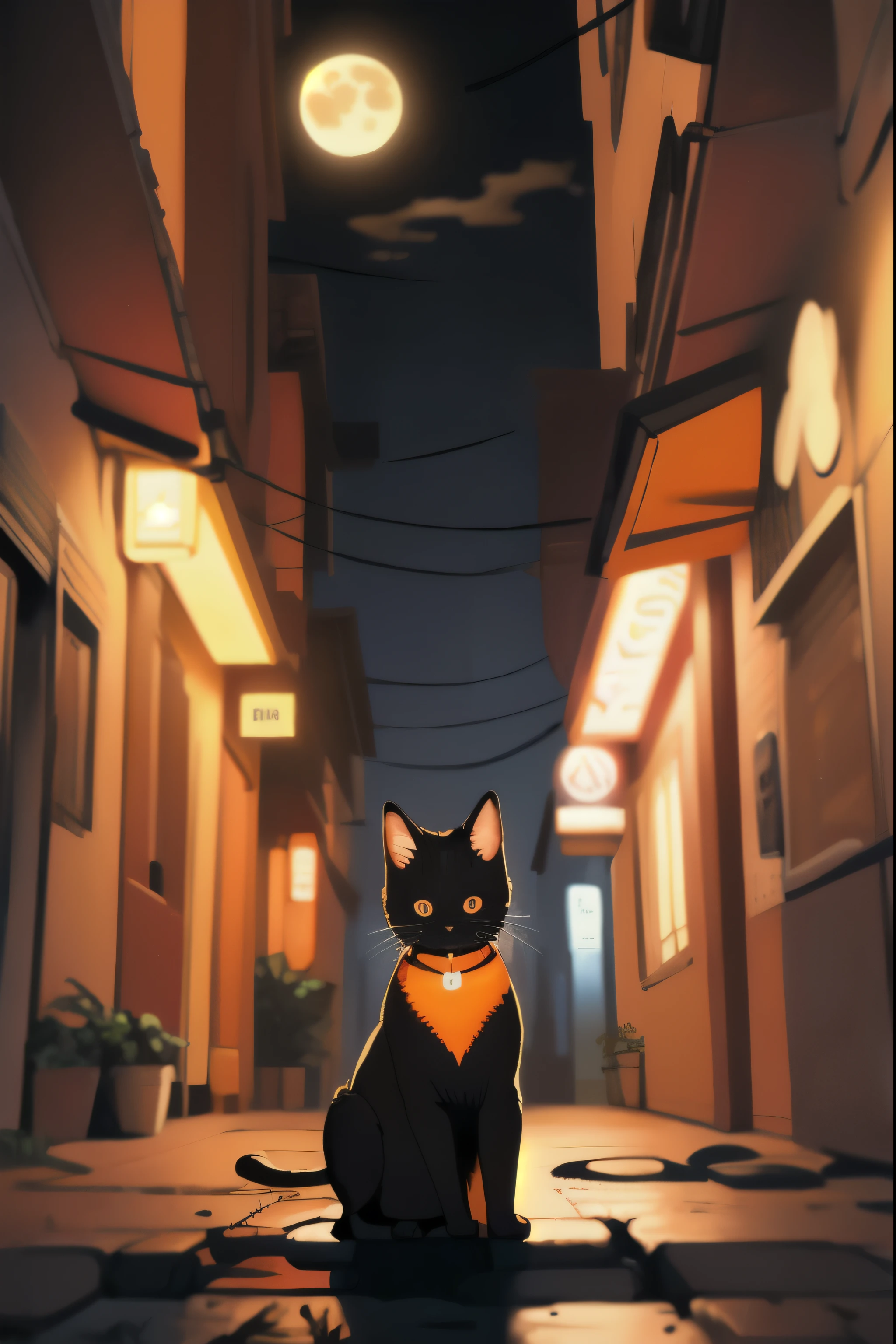 cat,orange,cute,big eyes,masterpiece,full moon,alley