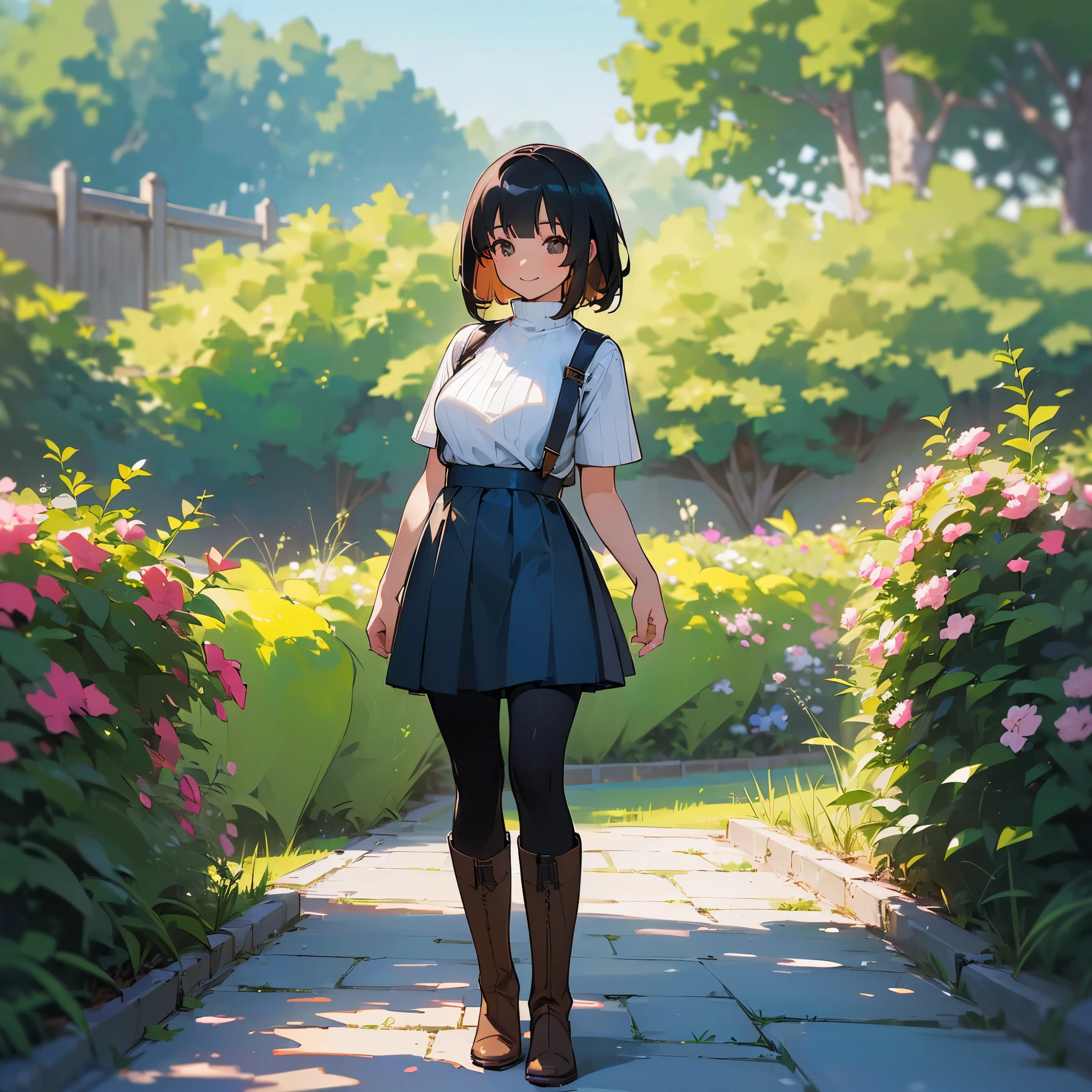 (high quality, High resolution, Super detailed, reality:1.37), peaceful atmosphere, (outdoor, garden), teenage girl standing alone, (my breasts are big.), Beautiful detail features, cute smile, (black bob hair), Short sleeve ribbed sweater, blue skirt, black tights, brown boots.