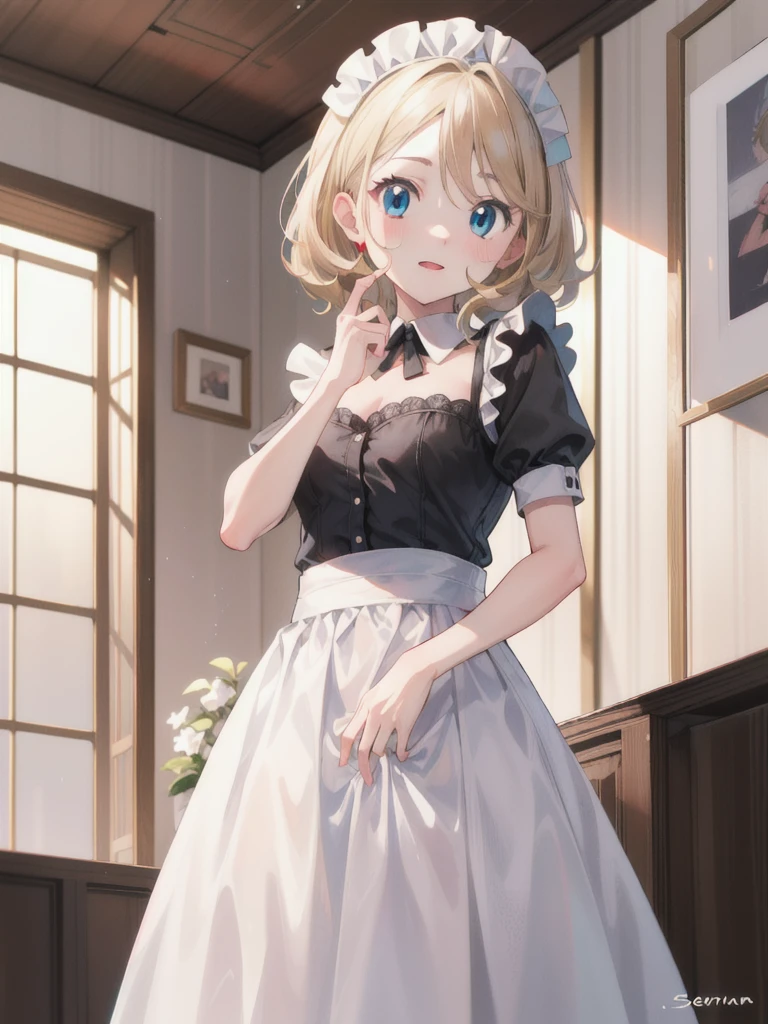 gonzarez, masterpiece, Serenaj, 1girl,l solo, 
 blue eyes, blonde hair, medium hair, open eyes , maid outfit