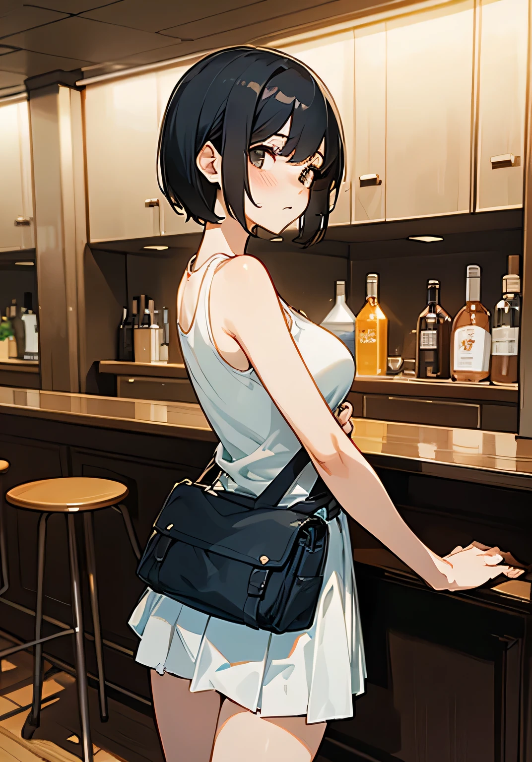 {best quality},Stylish bar counter、black hair short cut、Female college student、beautiful breasts、embarrassed look、dress shirt in simple-tank top、skirt、sandals、fanny pack、Side view、cowboy shot、looking at the camera、sitting 、chair