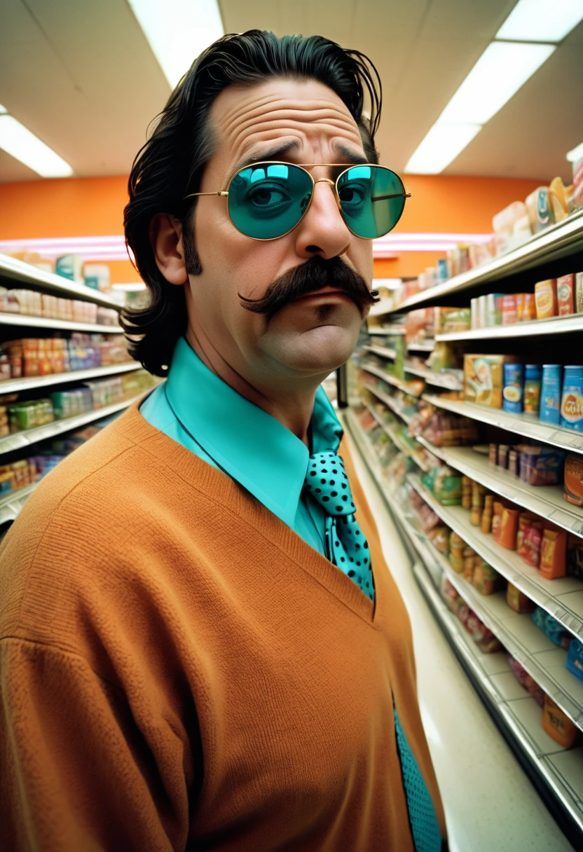 illustrate, hazy fever dream, inside convenience store past midnight, beyond place and time, visual jazz,  (fred Flintstone, with black hair, thick eyebrows, a large nose, and tan beard stubble. He wears a deep sky blue or aqua teal-green necktie, an orange and black-spotted loincloth, and has a large belly, portraying the Dude from Big Lebowski), shopping in the aisles of a convenience store, food shelves, fish eye lens, panoramic view, hyper realism, too real, intense, hyper maximal, strange, cel shading, rich color grading, broad spectrum of ROYGBIV, deep warm hazy hues,