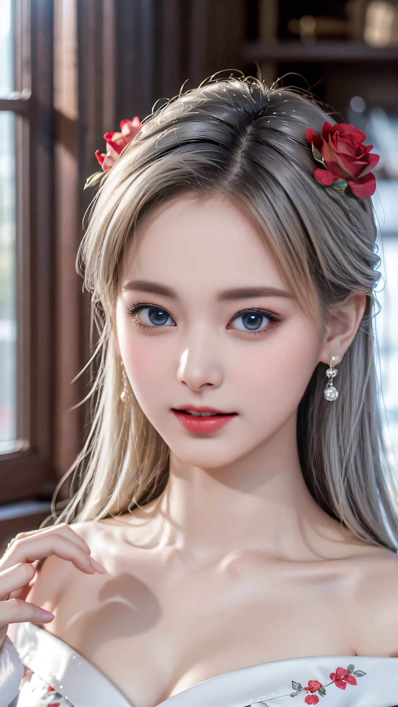 top quality work,actual work,Ultra Premium Graphics,8K HD CG works,High quality graphics,High-definition CG works,10x pixels,super fine details:1.1,Advanced technical details:1.1 Photorealistic,Indoor Lighting Effects:1.5,Natural light:1.5. light effect(virtual light effect:1.8),超A high resolution,shiny red dress,長いsilver hair,silver hair,transparent hair,high detail hair(premium hair detail:1.1)clear eyes,beautiful double eyelids,sharp eye makeup, delicate eyelash makeup, thin eyebrows, highly detailed eyes,high nose, nice red lips, rose cheeks, A face with delicate makeup , cute face, perfectly proportioned face,(Advanced facial details:1.1),shiny、girl ,bright red series,(Off-shoulder white dress with floral print),Photo shoot in front of a mirror,woman'artwork of,full body figure,realism,wonderful,My eyes are shining today(smile)