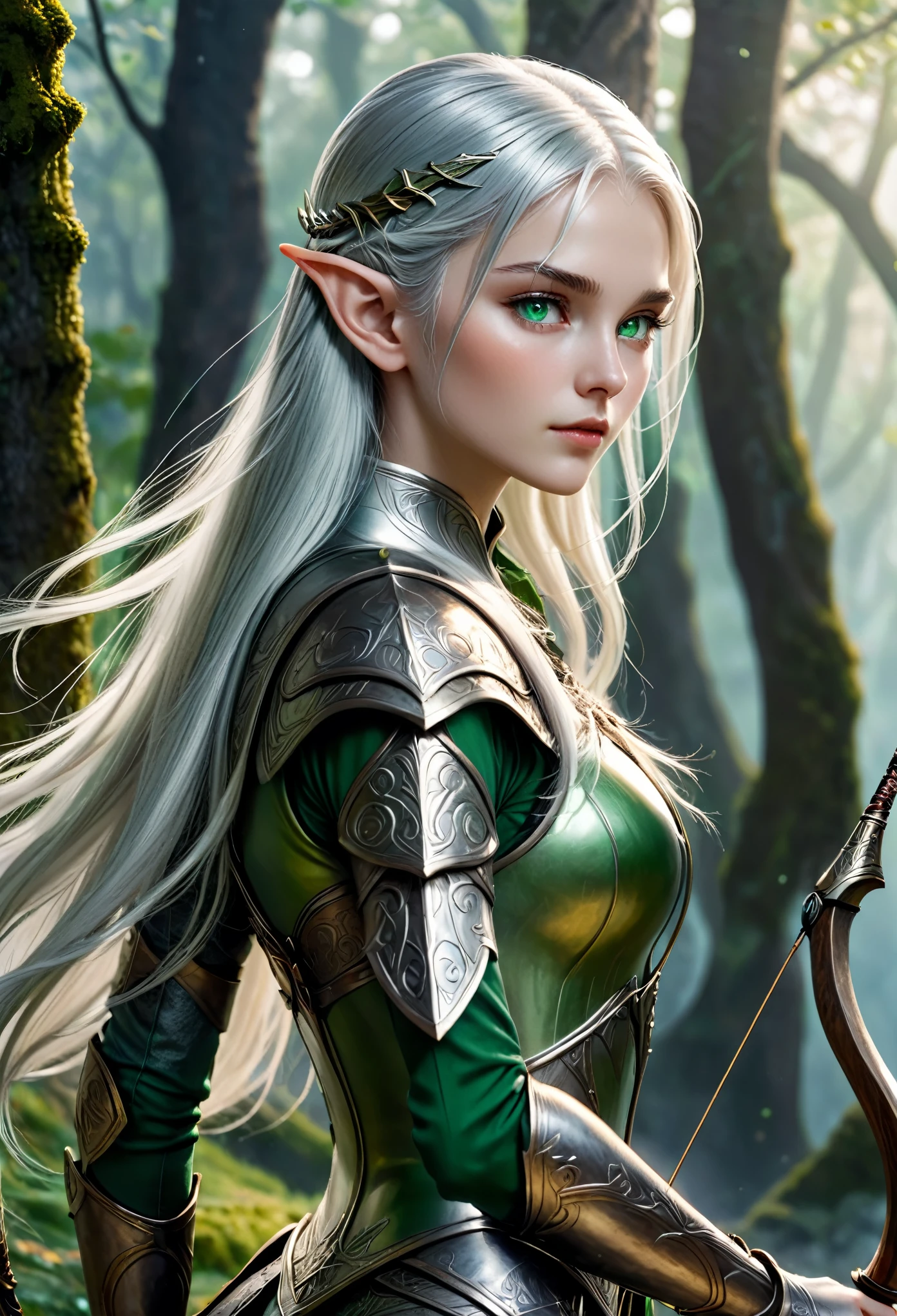 (master piece), 8k, best quality, panoramic view, viewing the left side of the entire body, Elf, young, 17 years old, green eyes, with slightly flushed white skin, subtly contrasting with her long, silver hair. Her body was slender and athletic, with a height of 1.68cm, detailed silver warrior armor, which covers the entire body, bronze detail, conservative, holding the war bow with rune writing.