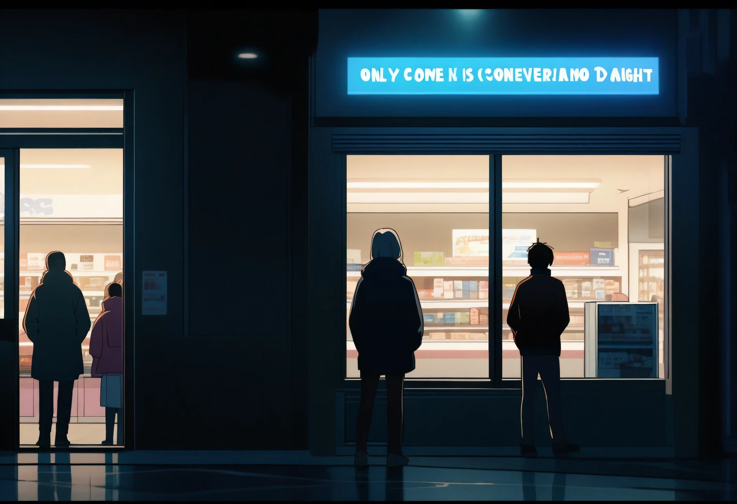 Anime, midnight convenience store, Night city, everything is dark and without lights, only one night store is open and lights are on in the windows, people come in, a cinematic frame