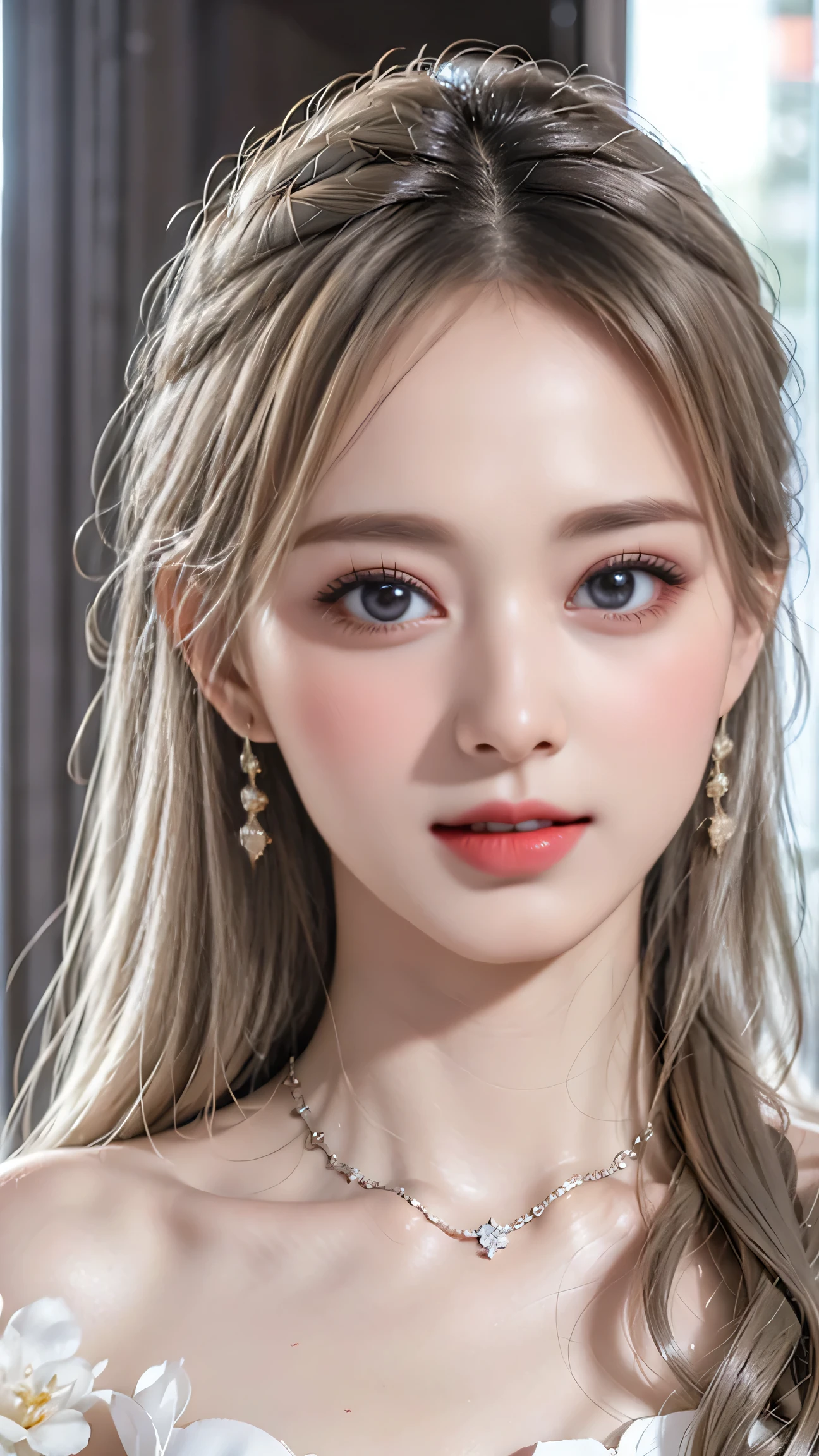 top quality work，actual work，Ultra Premium Graphics，8K HD CG works，High quality graphics，High-definition CG works，10x pixels，super fine details：1.1，Advanced technical details：1.1 Photorealistic，Indoor Lighting Effects：1.5，Natural light：1.5. light effect（virtual light effect：1.8），超A high resolution，shiny red dress，長いsilver hair，silver hair，transparent hair，high detail hair（premium hair detail：1.1）clear eyes，beautiful double eyelids，sharp eye makeup, delicate eyelash makeup, thin eyebrows, highly detailed eyes，high nose, nice red lips, rose cheeks, A face with delicate makeup , cute face, perfectly proportioned face,（Advanced facial details：1.1），shiny、girl ，bright red series，(A semi-transparent white floral off-the-shoulder dress)，Photo shoot in front of a mirror，woman&#39;artwork of，full body figure，realism，wonderful，My eyes are shining today（smile)