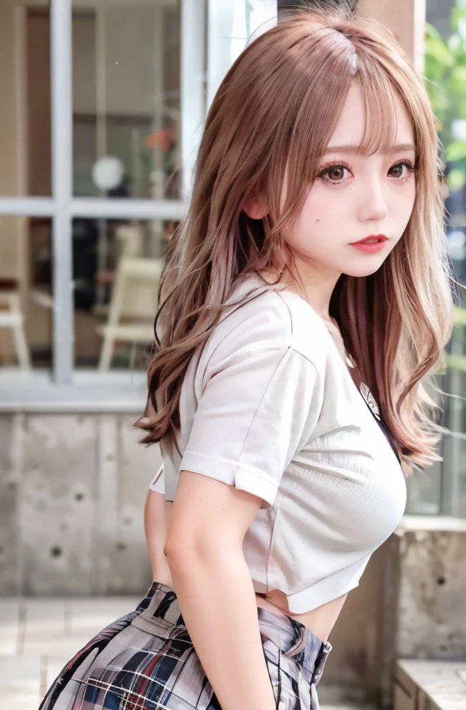 NSFW, 8k RAW photo, highest quality, masterpiece, ultra high resolution, film grain, movie, 1 girl, looking at the viewer, natural skin texture, Realistic eye and face details, full lips, lipstick, (compensate), red eyeshadow, fluffy long hair, messy hair, smile, close your mouth, beautiful feet, tall woman, skinny, slim_feet, alone, huge breasts, cleavage, pose with your butt facing yourself, super short skirt, teeth, shirt, beautiful natural location, Places around the flower, (detailed background), plaid skirt, white shirt, huge breasts, cleavage, Show a little cleavage through the shirt, loafers, blurry background, blurry, holding, plaid, short sleeve, jk ribbon on the neck, jk ribbon, brown hair, bracelet, water, bangs, , jewelry, parted lips, lips, From the side, pleated skirt, written boundary depth
