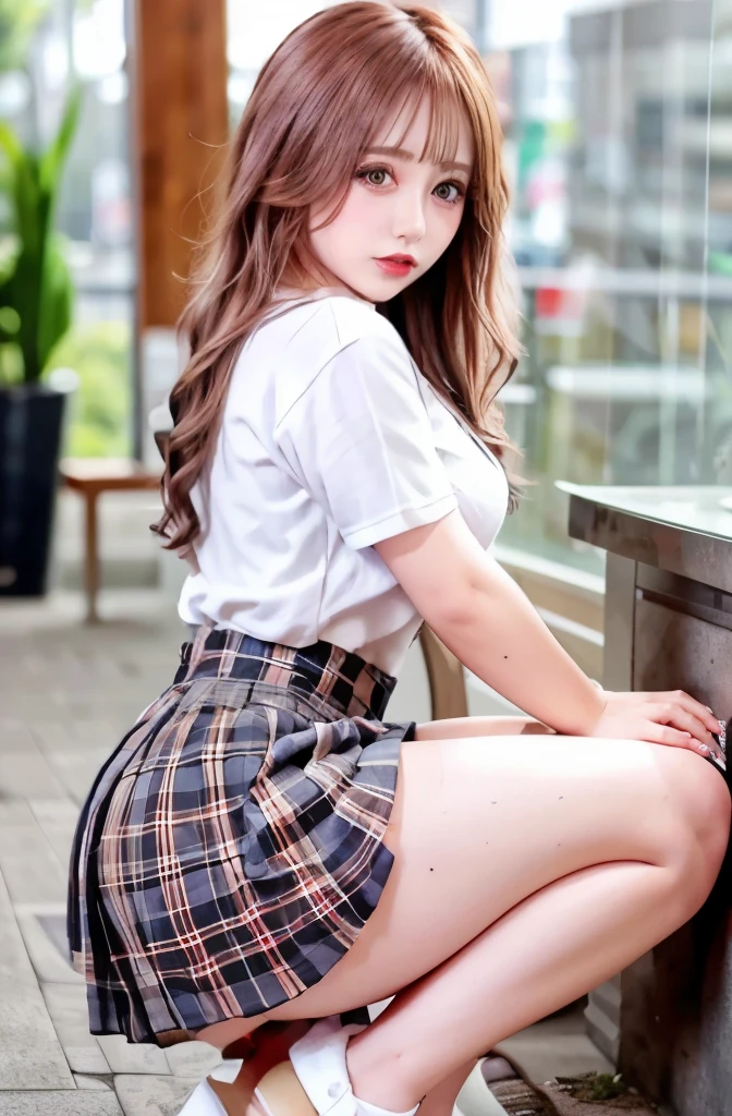 ((table top, highest quality, High resolution, nffsw, perfect pixel,  4k, nffsw, nffsw))), 1 girl, single, alone, Beautiful woman、I could see the whole body、 ((middle wave hair, bangs, brown hair)), ((brown eyes, beautiful eyelashes, realistic eyes)), ((detailed face, blush:1.2)), ((smooth texture:0.75, realistic texture:0.65, realistic:1.1, Anime CG style)), medium breasts, dynamic angle, perfect body,  ((red bow tie, , , white shirt, black skirt, plaid skirt)), city stairs、Looking up from the bottom of the stairs、Very embarrassing panic smile、He opened his mouth in surprise、 looked back、lean forward、(The wind flipped my skirt and exposed my butt..,stick out your butt、touch your butt with both hands、pink lace panties)、,((NSFW:1.3)),gold necklace, gold bracelet, gold belt, {{Low-rise skirt with slit}}, plaid pleated skirt, {{{へそ length white shirt}}}, {{{{Shirt tied under the chest}}}}, socks, platinum blonde hair, 1 girl,(highest quality,4k,8K,High resolution,masterpiece:1.2),1 Beautiful woman,18-year-old,35mm lens,f/1,cowboy shot,considerable breasts,soft sunlight,bright colors,playful expression