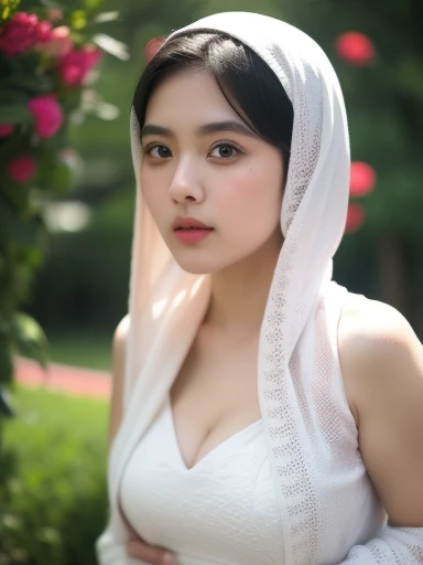 hyper realistic, intricate details, 1 malay young muslim girl, ************, (wearing pasmina hijab), white hijab jilbab, shy, upper body, watery eyes ,droopy eyes, lip glossy, ((glossy chest)), medium rounded breast, (open breast), (naked), woman in sexy white kebaya , coboy shots, grooming, eyelashes, nsfw, flower garden background, masterpiece, proportional body,