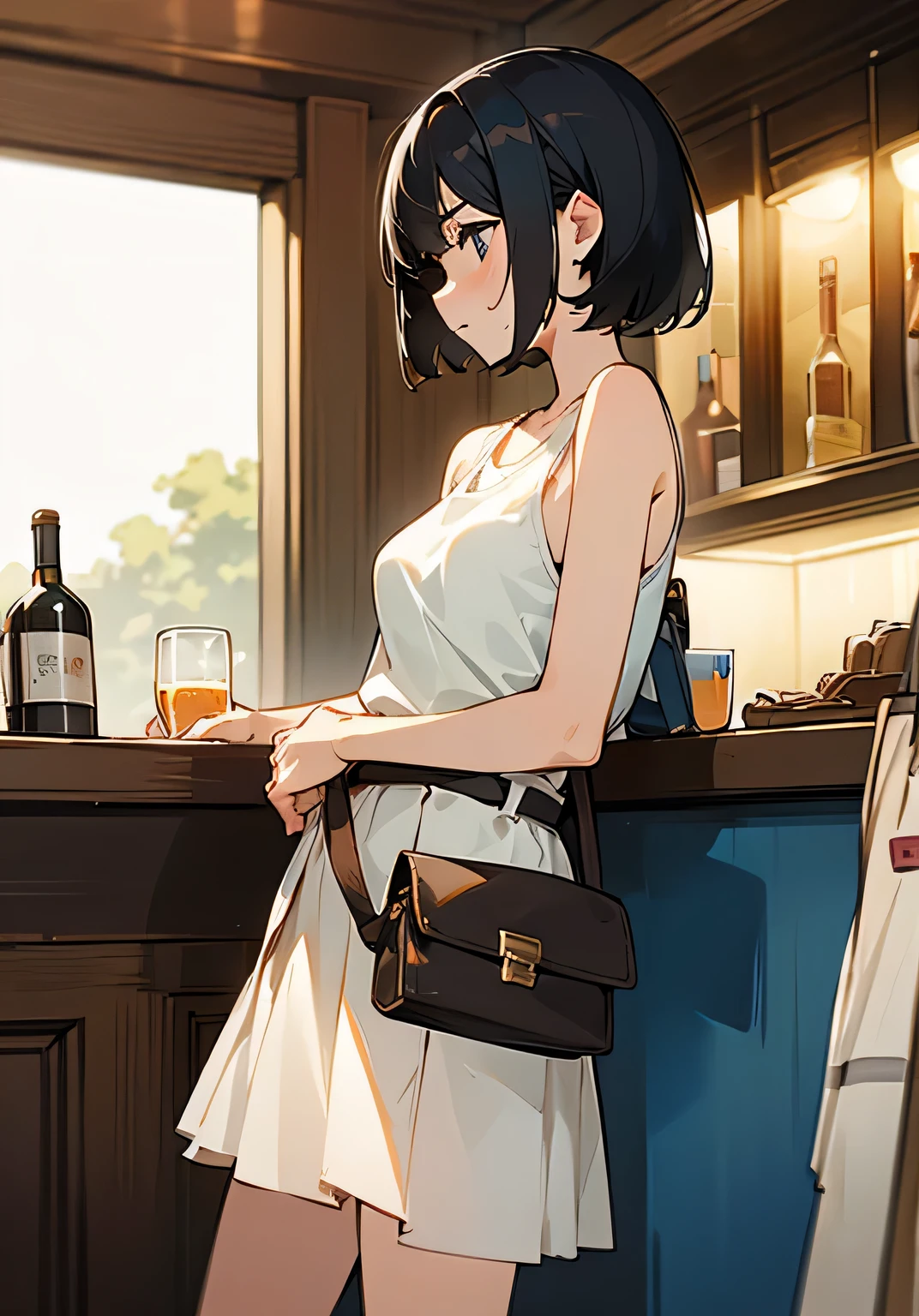 {best quality},Stylish bar counter、black hair short cut、Female college student、beautiful breasts、embarrassed look、dress shirt in simple-tank top、skirt、sandals、fanny pack、Side view、cowboy shot、looking at the camera、sitting 、chair