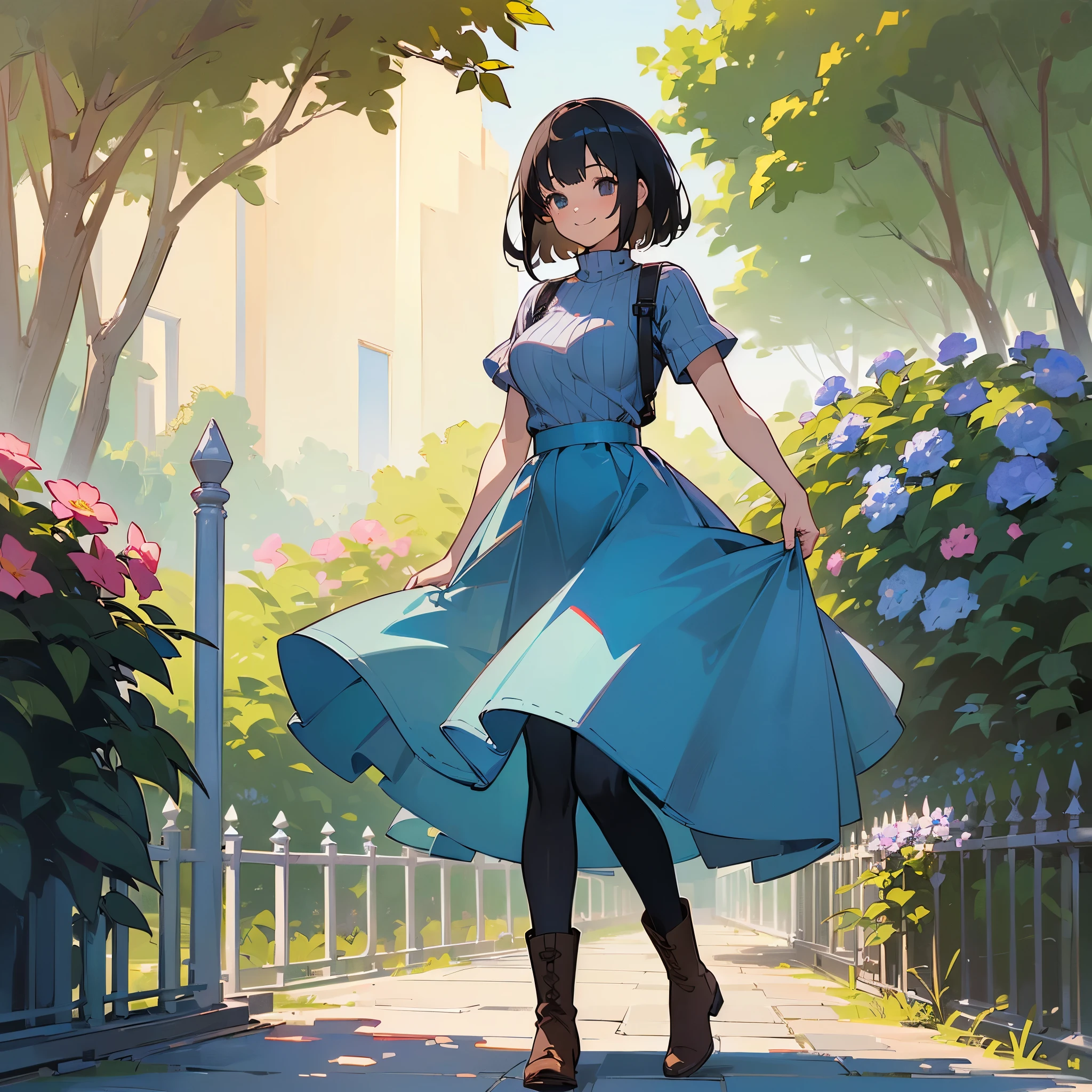 (high quality, High resolution, Super detailed, reality:1.37), peaceful atmosphere, (outdoor, garden), age girl standing alone, (my breasts are big.), Beautiful detail features, cute smile, (black bob hair), Short sleeve ribbed sweater, blue skirt, black tights, brown boots.