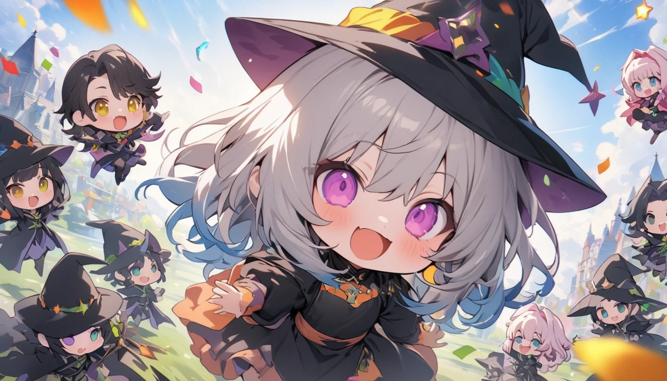 (highest quality、masterpiece、High resolution、be familiar with)、,break,(beautiful anime)、masterpiece, highest quality, Chibi, wizard'tea , handsome male witch, beautiful witch, Happy, lively, colorful