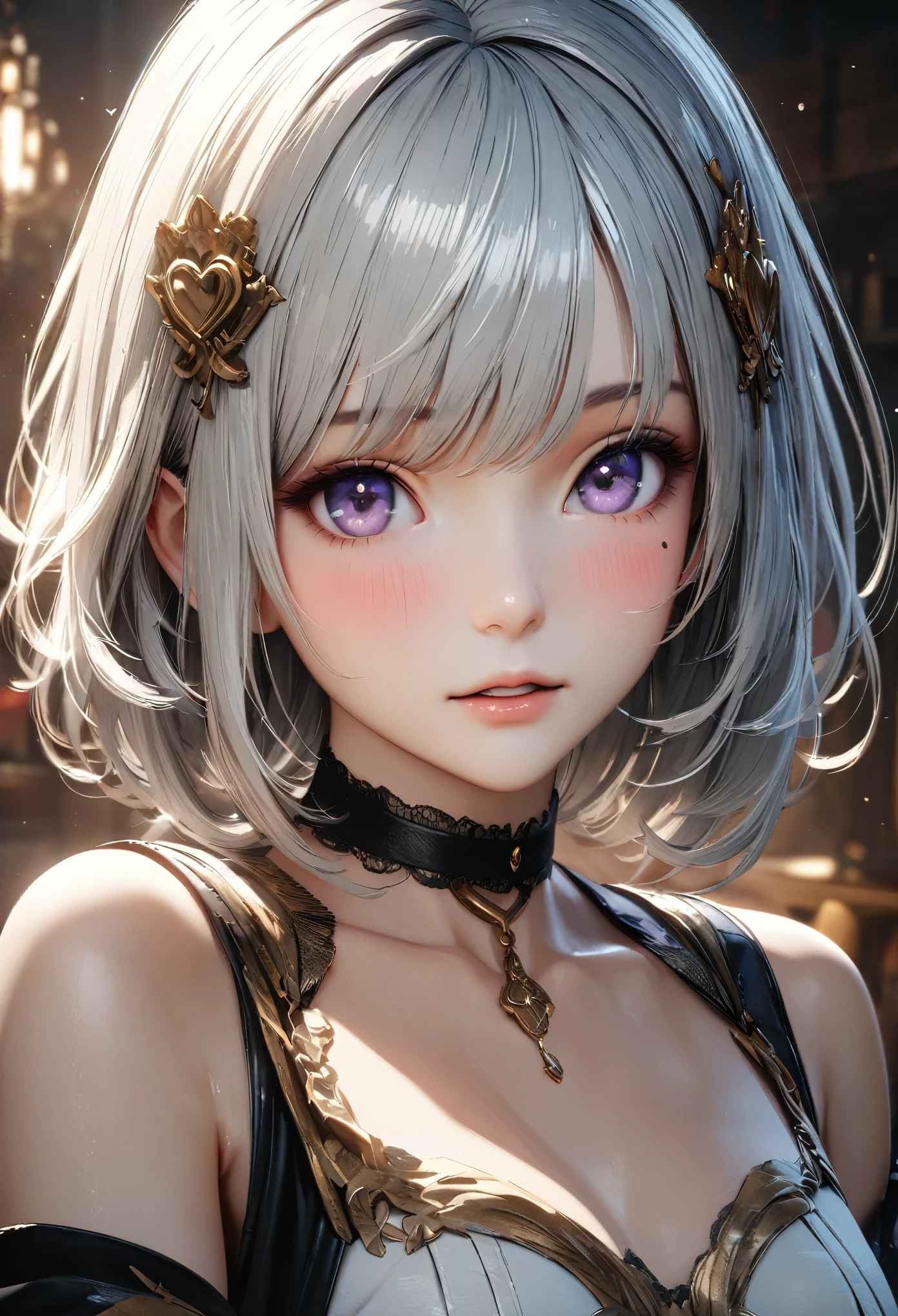 Masterpiece, Best Quality, Super Detailed, High Definition, Expensive Resolution, HDR, 4k, 8K, Unity 8k Wallpaper, Super Detailed CG, Masterpiece, Realistic, 2D, 3D, Beautiful Details, Depth, Fine Texture, Super Fine: 1.3, Complete concentration, crispy skin, him, very cute anime girl, high , expensive silver short hair, one girl, silver short hair, high , mole under the eye, gaze, expensive, blush,, parted Lips, hair ornament, heart, purple eyes, choker