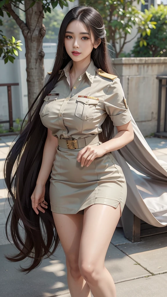 Khaki suit, khaki civil servant, Thai teacher uniform:1.3, Beautiful girl with extra long hair, Two meter long hair, Long hair that catches the eye, long black hair, Her hair is very long., Long, shiny hair, Long, thick, soft hair, Extra long hair, Dynamic posts, like full body, Short sleeve shirtสีกากี, short pencil skirtสีกากี, side cut, Decorated with military insignia., black high heels, The sexiest, small waist, hips raised, small thighs, Long legs, Huge breasts, Huge breasts:1.5, big breast, Very big breasts, Eye-catching breasts, A gigantic rift, Not completely covered, big breast, Huge breast, Big tits D, สาวTwo meter long hair, Beautiful face, red lips, Very shiny, แต่งBeautiful face, Military rank insignia, short pencil skirt, tight, ultra short skirt, very short skirt, Wear a miniskirt., Short sleeve shirt, tight fitting, in the background, blurred garden., 