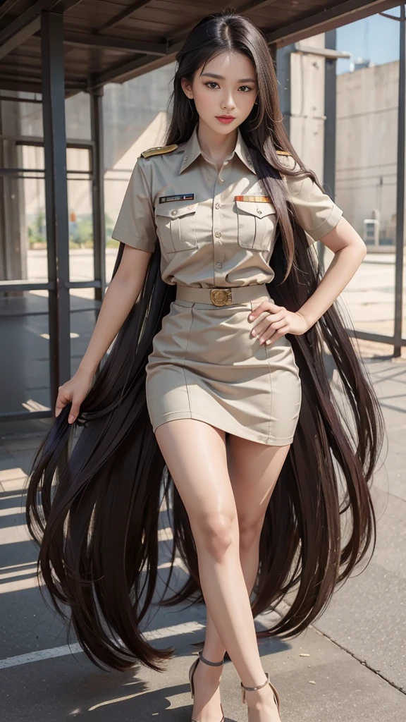 Khaki suit, khaki civil servant, Thai teacher uniform:1.3, Beautiful girl with extra long hair, Two meter long hair, Long hair that catches the eye, long black hair, Her hair is very long., Long, shiny hair, Long, thick, soft hair, Extra long hair, Dynamic posts, like full body, Short sleeve shirtสีกากี, short pencil skirtสีกากี, side cut, Decorated with military insignia., black high heels, The sexiest, small waist, hips raised, small thighs, Long legs, Huge breasts, Huge breasts:1.5, big breast, Very big breasts, Eye-catching breasts, A gigantic rift, Not completely covered, big breast, Huge breast, Big tits D, สาวTwo meter long hair, Beautiful face, red lips, Very shiny, แต่งBeautiful face, Military rank insignia, short pencil skirt, tight, ultra short skirt, very short skirt, Wear a miniskirt., Short sleeve shirt, tight fitting, in the background, blurred garden., 